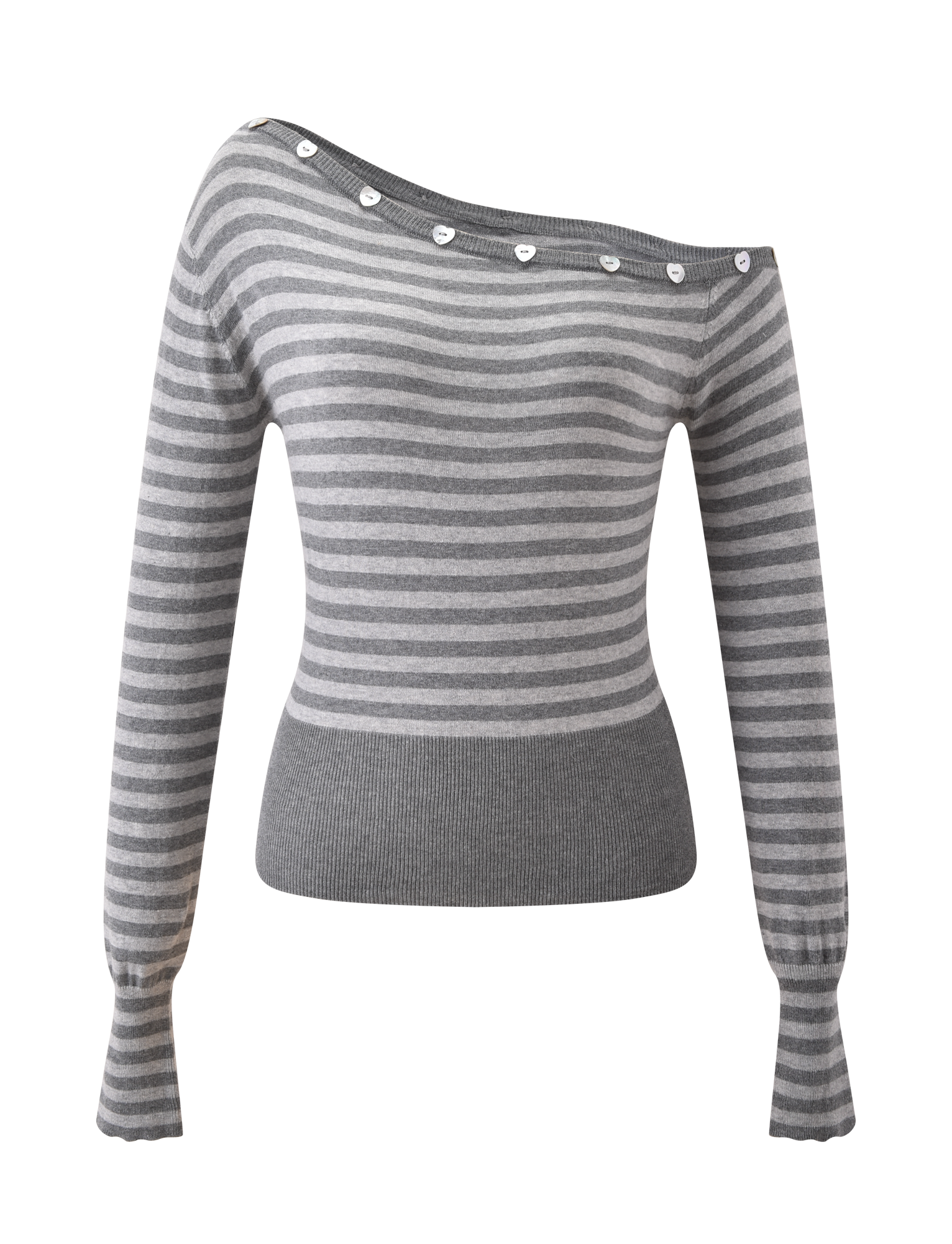 The TYLA JUMPER - GREY STRIPE by TIGERMIST features gray and light gray stripes, an asymmetrical off-the-shoulder neckline with white button accents, a fitted waist, and ribbed cuffs for a chic look.