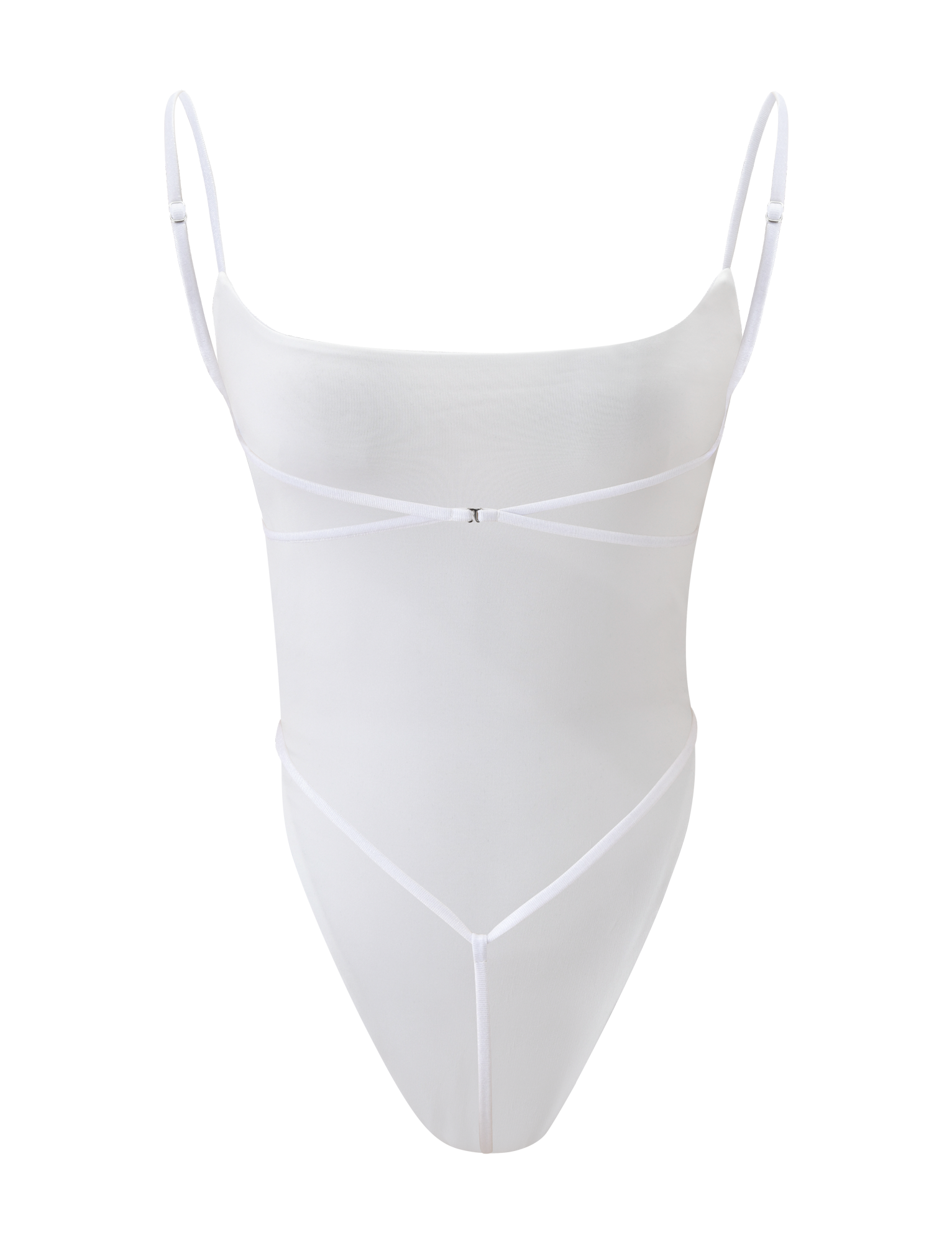 The MINERVA BODYSUIT - PEARL by TIGERMIST is a white bodysuit with thin adjustable straps, delicate front crisscross detail, and a sheer backless design, shown against a plain white background.