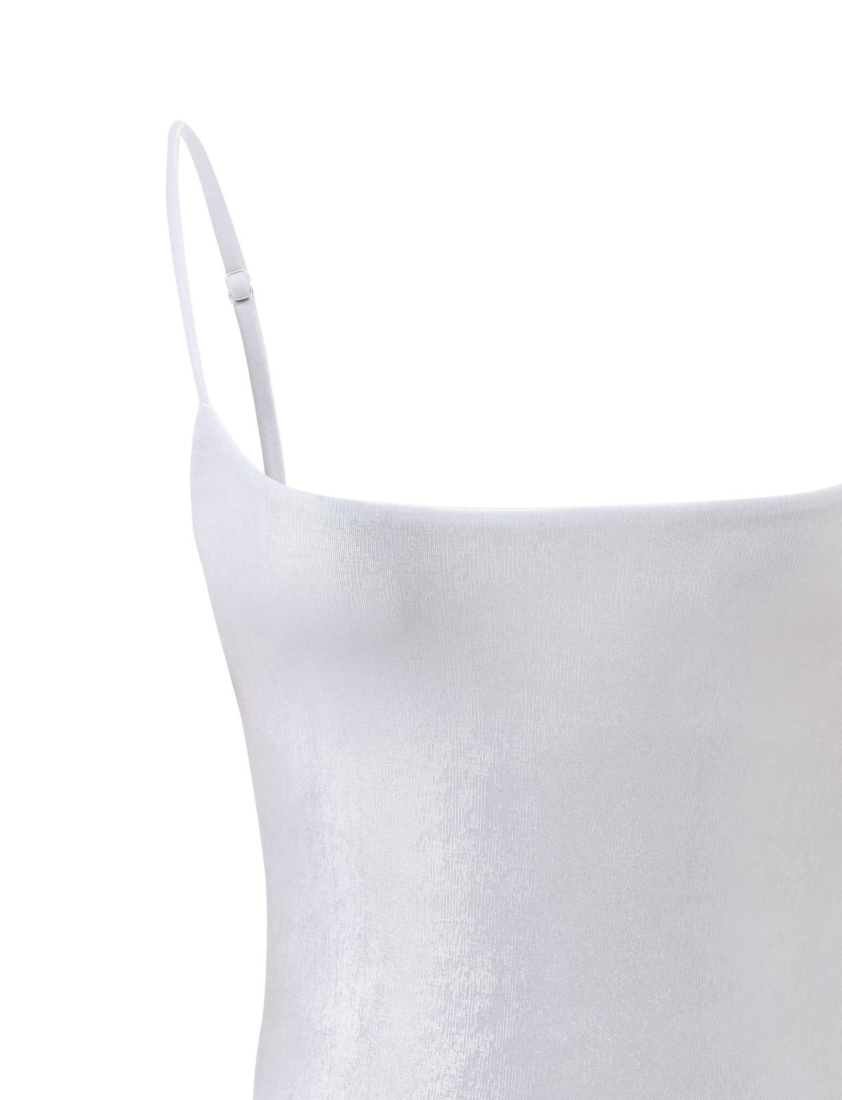 Close-up of the MINERVA BODYSUIT - PEARL by TIGERMIST, featuring white satin fabric with a subtle sheen, smooth texture, and thin adjustable spaghetti straps, displayed against a plain white background.