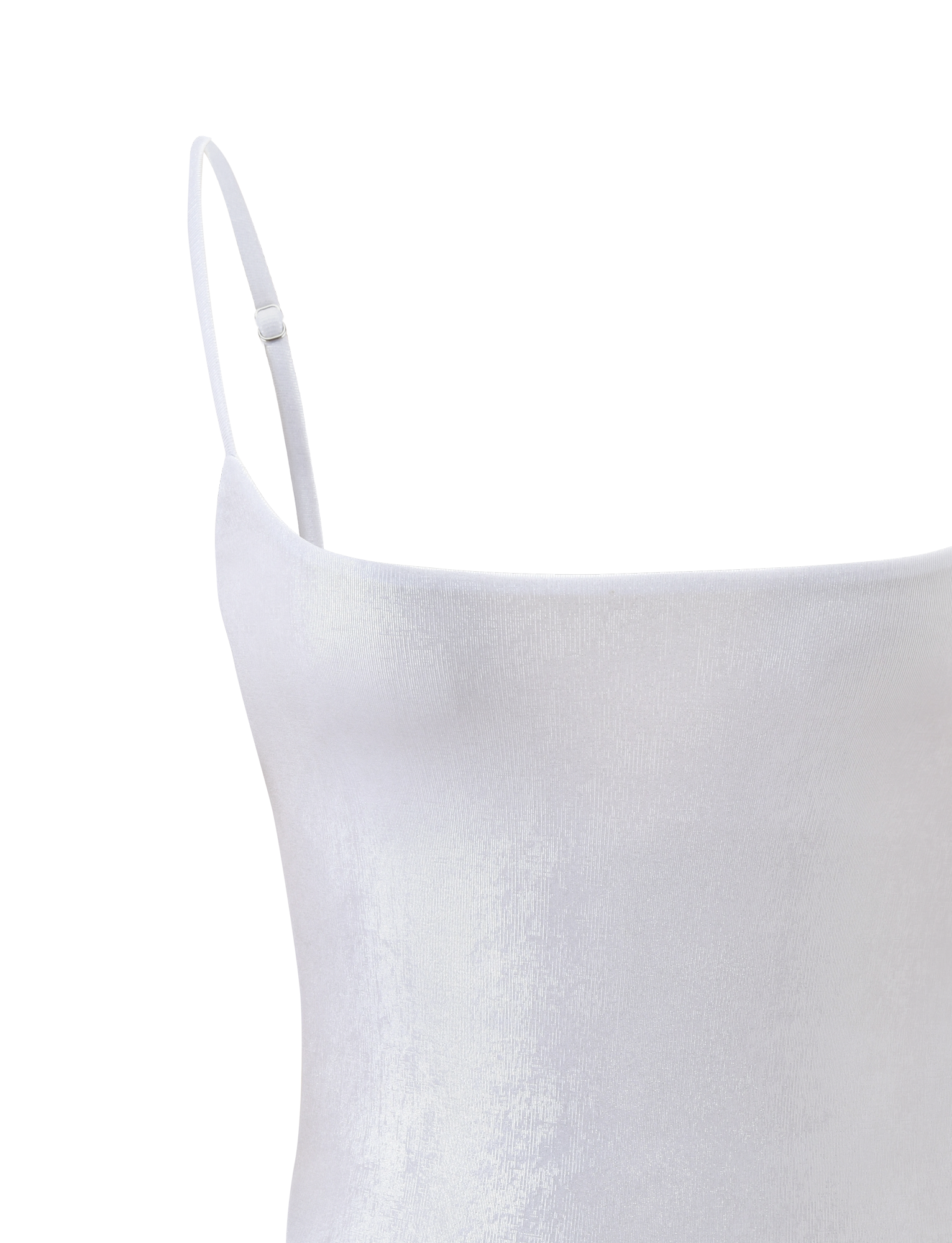 Close-up of the MINERVA BODYSUIT - PEARL by TIGERMIST, featuring white satin fabric with a subtle sheen, smooth texture, and thin adjustable spaghetti straps, displayed against a plain white background.