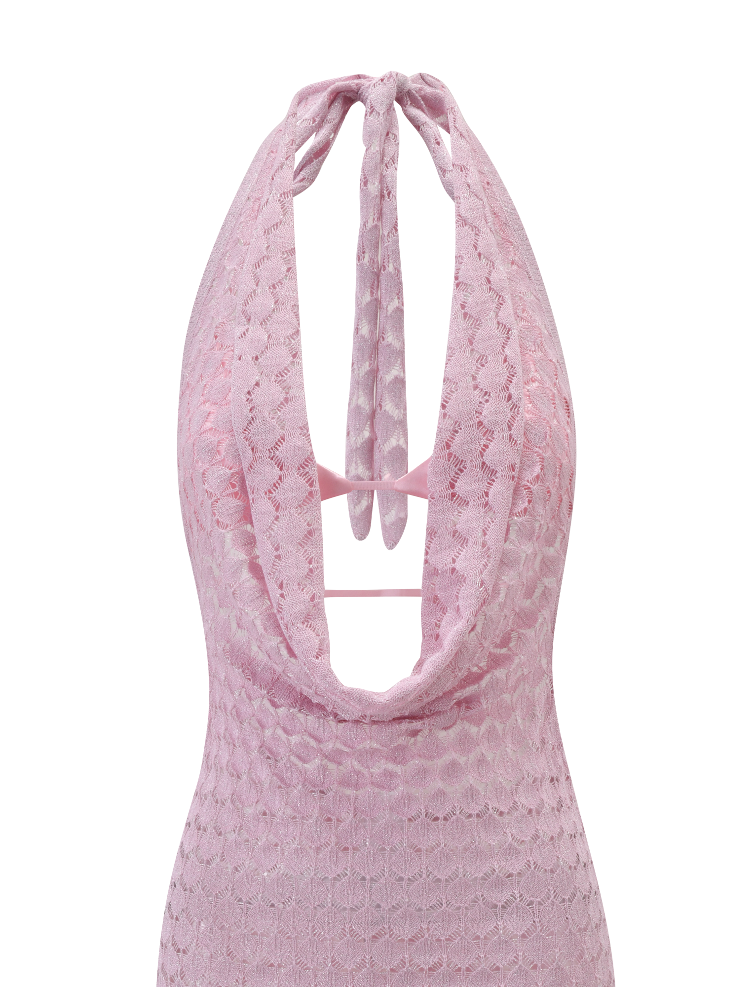 The MAKENZIE CROCHET MINI DRESS by TIGERMIST features a light pink shimmer, tie halter neck, deep plunge neckline, circular pattern, lace-textured fabric, and a delicate semi-sheer finish for an elegant look.