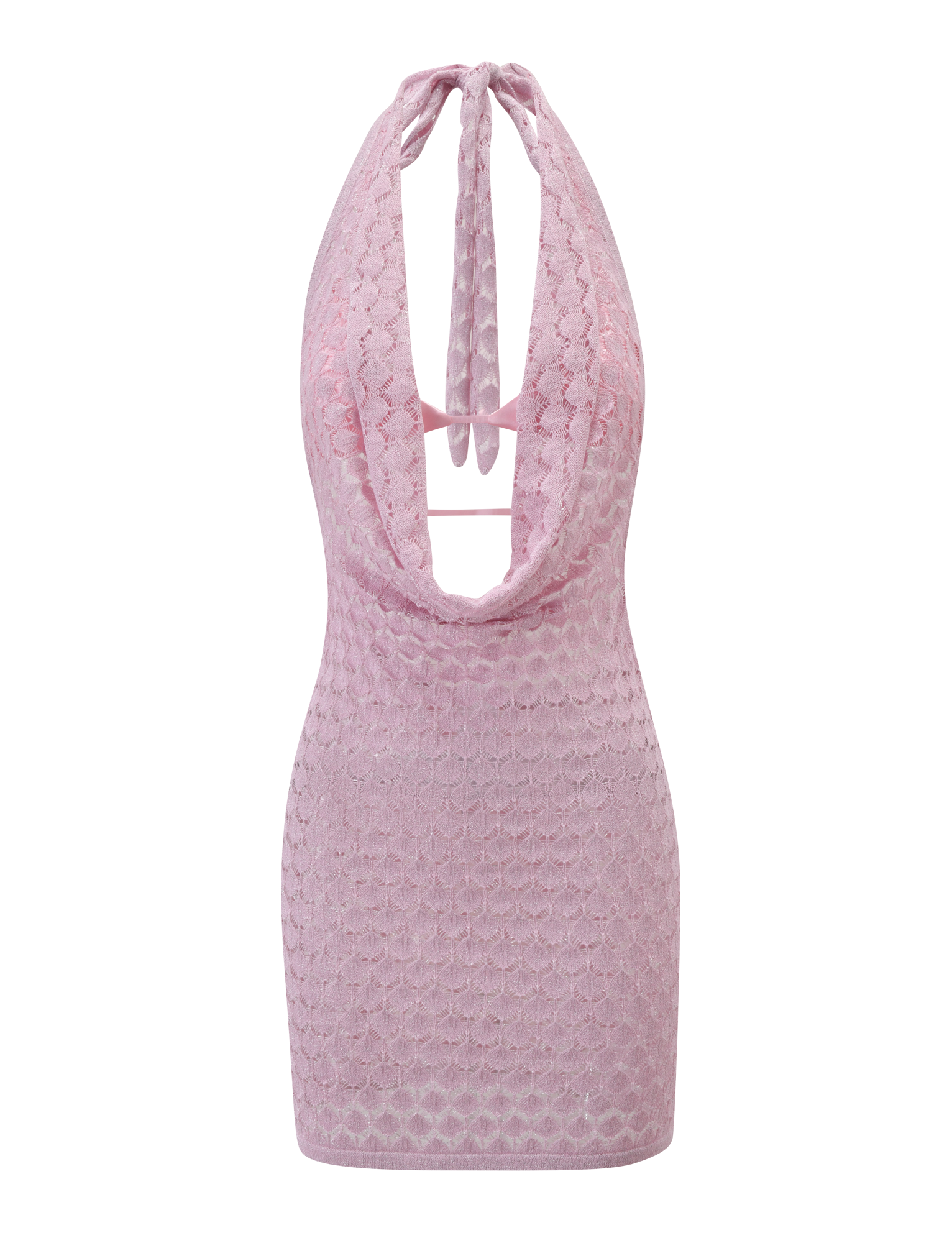 The MAKENZIE CROCHET MINI DRESS - SHIMMER PINK by TIGERMIST features a sleeveless design, deep cowl neckline, open back with tie halter neck, and semi-sheer textured shimmer fabric for a chic look.