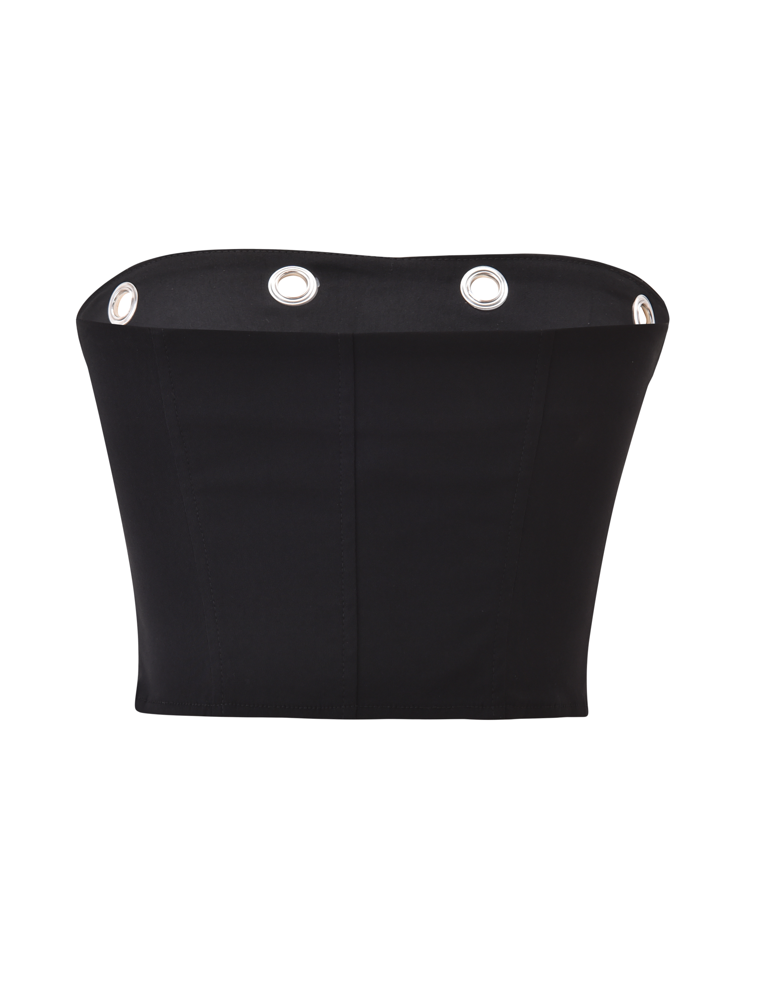 The MARREN CORSET - BLACK by TIGERMIST is a strapless black corset top with silver eyelet details, princess seams, and silver grommet accents along the upper edge, shown against a white background.