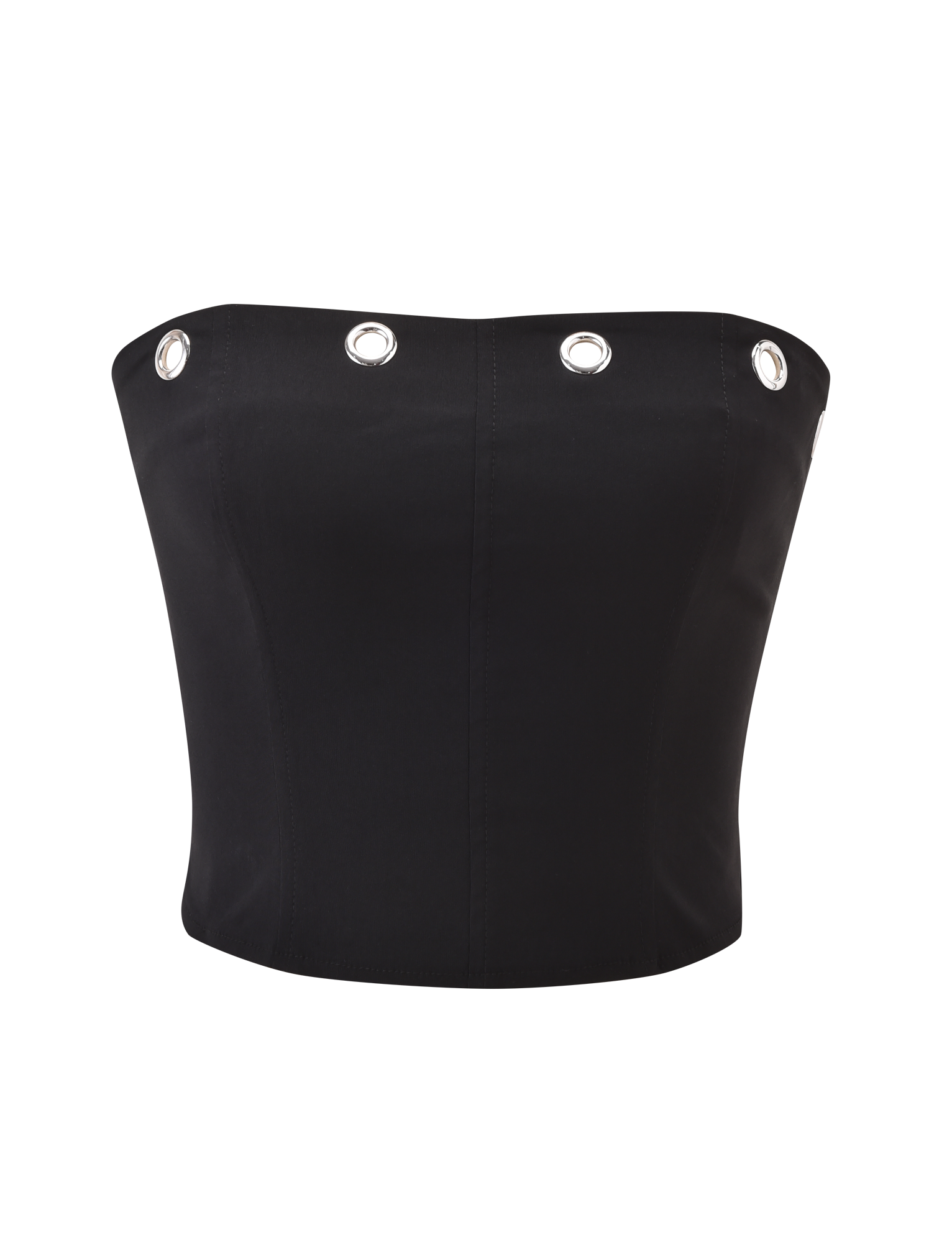 The MARREN CORSET - BLACK by TIGERMIST is a strapless black eyelet corset with princess seams and bold silver grommet details along the top, displayed on a plain white background.