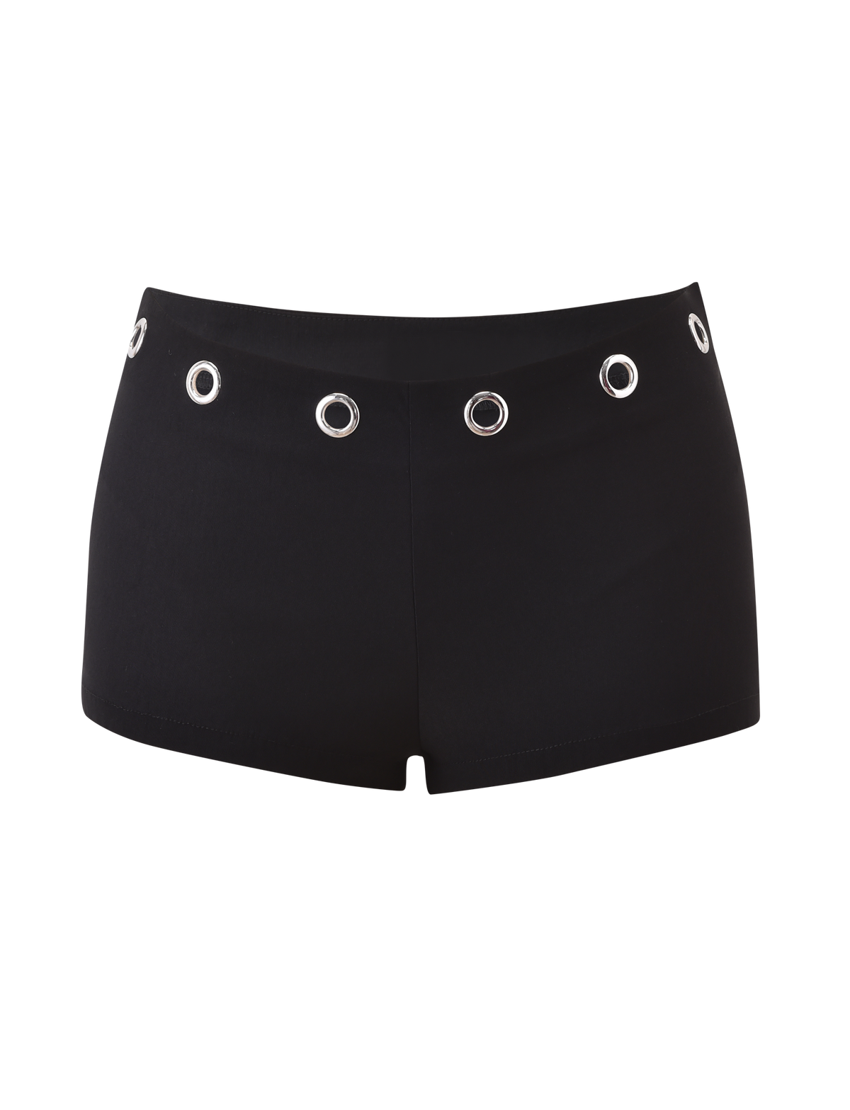 The MARREN SHORT - BLACK by TIGERMIST features silver eyelet detailing on a high-waisted band and a sleek side seam zipper, shown against a white background.