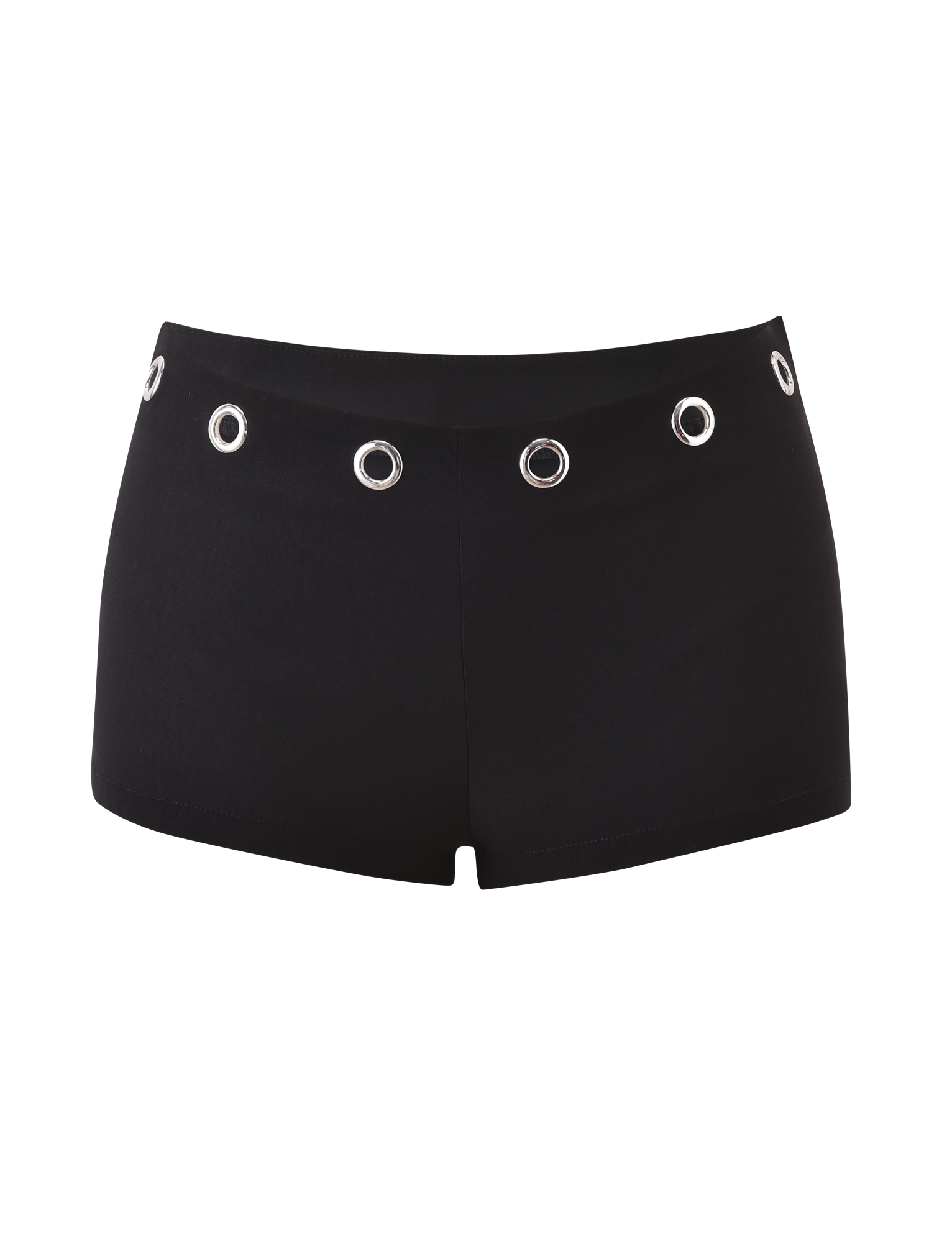 The MARREN SHORT - BLACK by TIGERMIST features silver eyelet detailing on a high-waisted band and a sleek side seam zipper, shown against a white background.