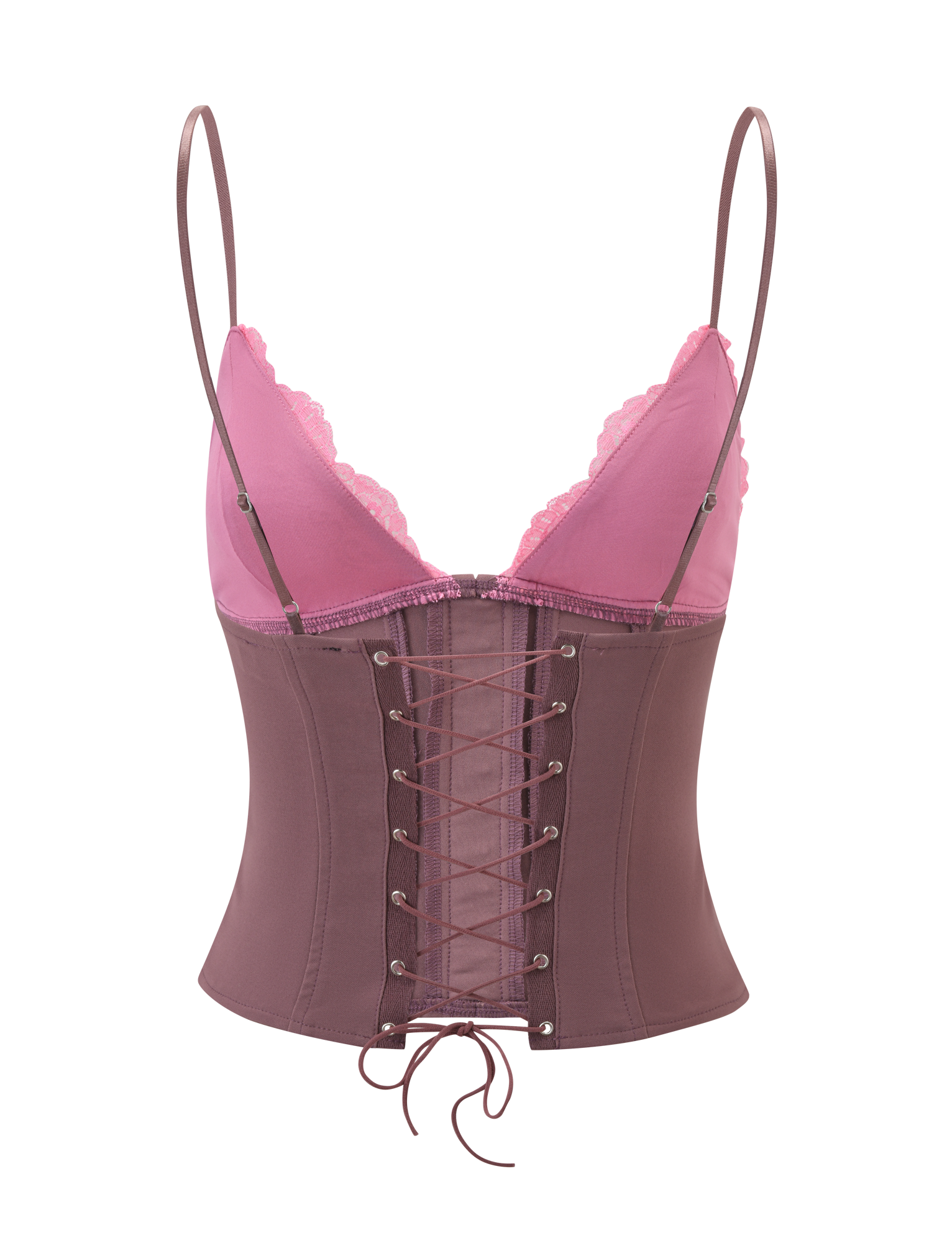 The TIGERMIST MARGARITA LACE TRIANGLE CORSET in brown features lace trim, adjustable shoulder straps, a lace-up front, and a fitted bodice, shown against a white background.