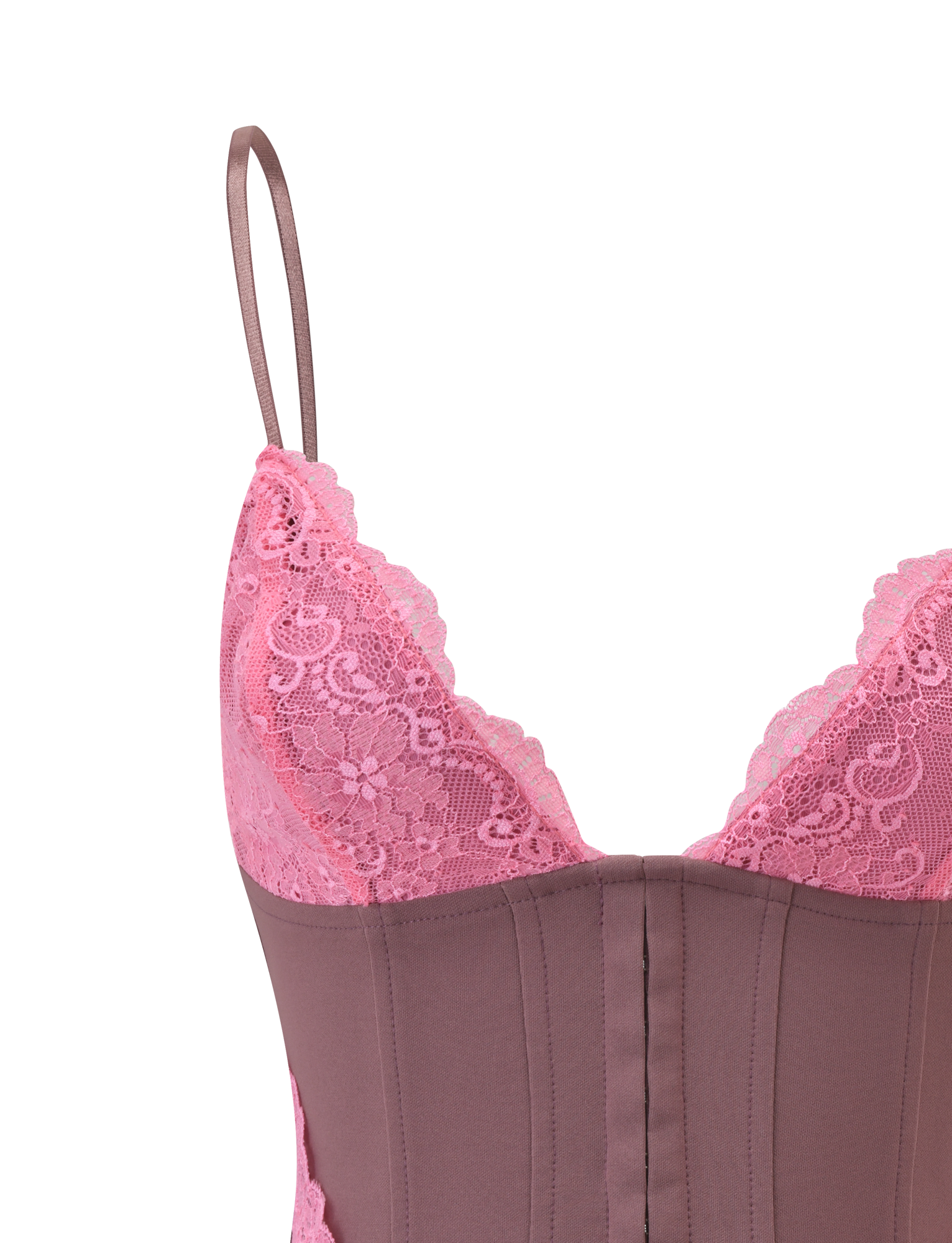 Close-up of the TIGERMIST MARGARITA LACE TRIANGLE CORSET in brown, featuring floral lace patterns, adjustable straps, a mauve structured bodice, and vertical stitching details.