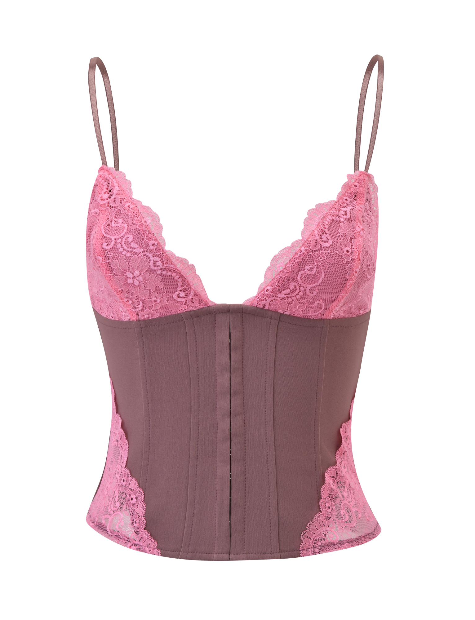 The TIGERMIST MARGARITA LACE TRIANGLE CORSET in brown features adjustable straps, delicate lace trim on the bust and sides, paneled stitching, and a fitted bodice, shown against a white background.