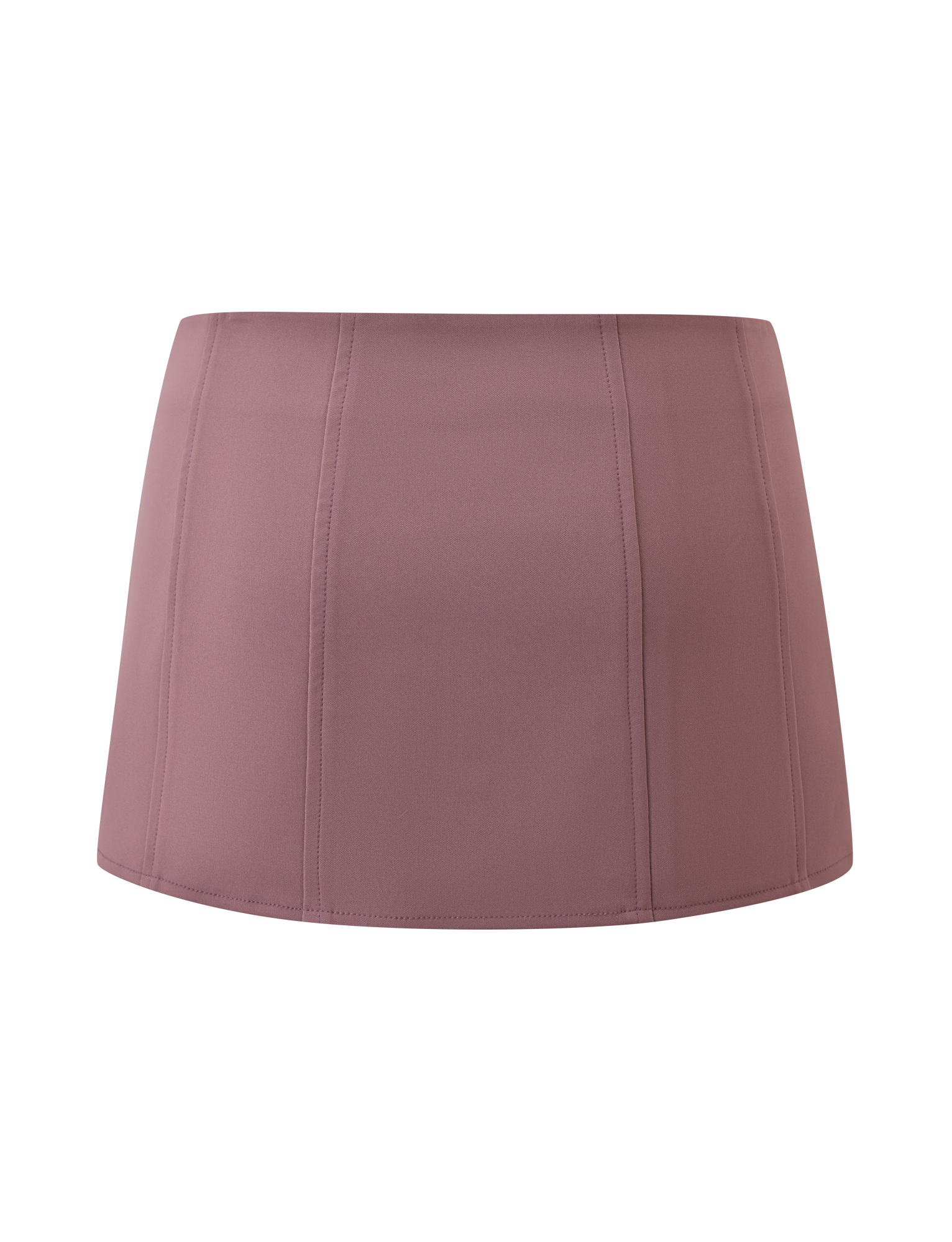 The TIGERMIST MARGARITA LACE MINI SKIRT in brown features a high-waisted fit, vertical seam detailing, and stylish lace accents, shown against a white background.