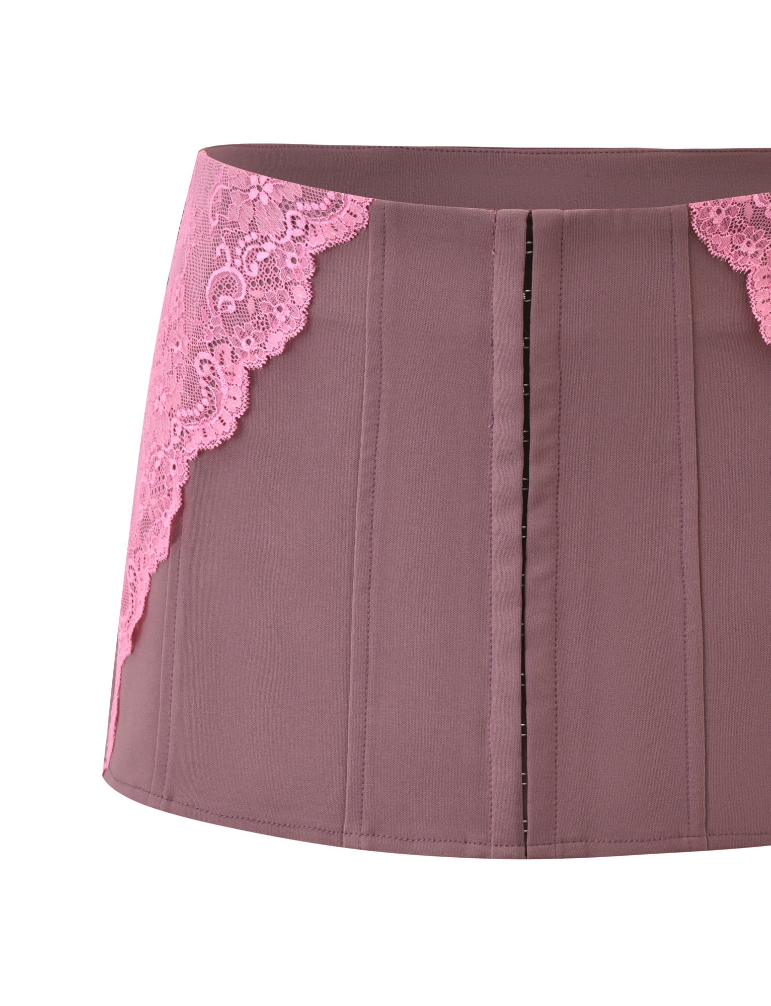 A mauve corset-style belt with vertical stitching and pink lace accents pairs perfectly with the TIGERMIST MARGARITA LACE MINI SKIRT in brown, both displayed against a plain white background.
