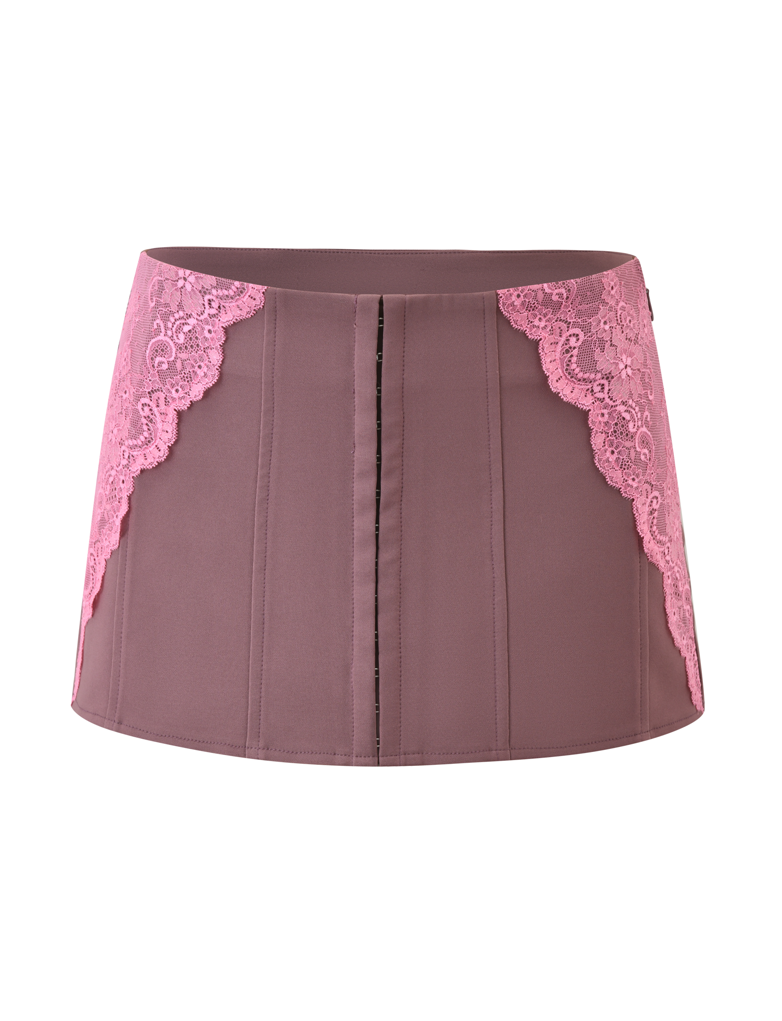 A mauve waist cincher with vertical boning and pink lace sides is paired with the TIGERMIST MARGARITA LACE MINI SKIRT in brown, both showcased on a plain white background.