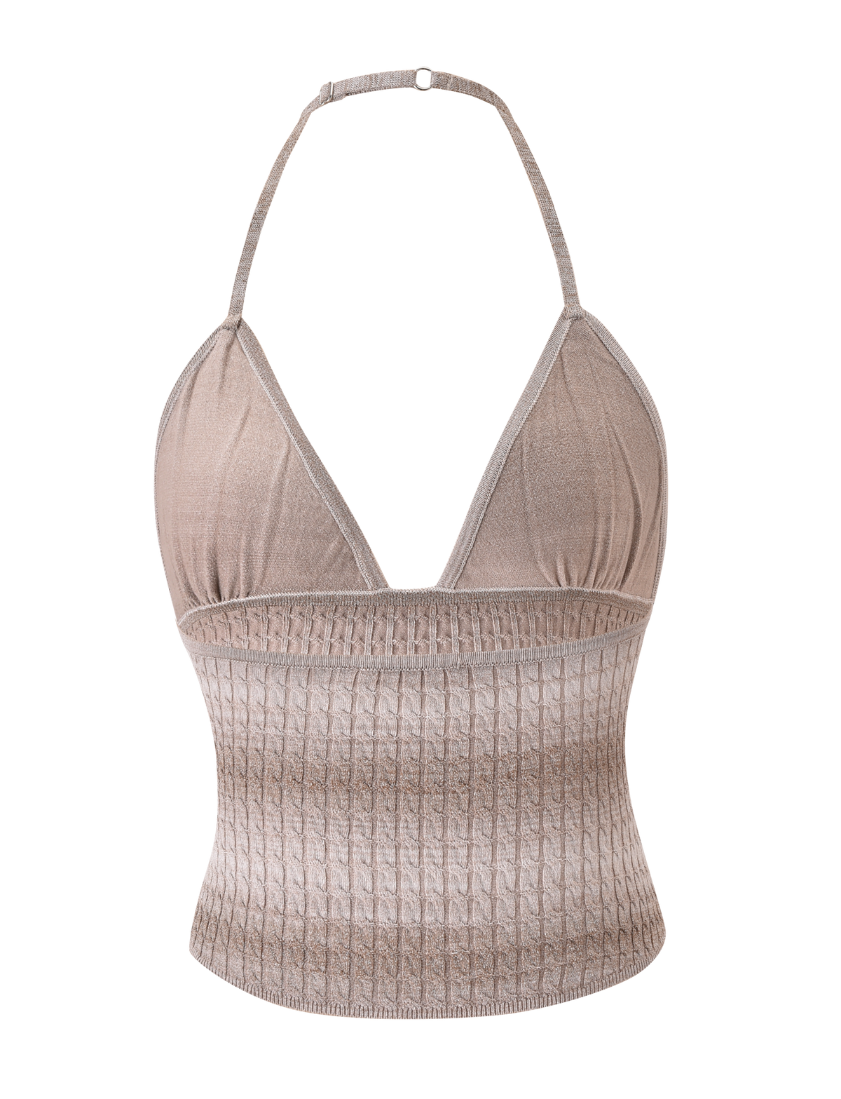 The MARISSA KNIT CAMI by TIGERMIST in taupe ombre stripe features a halter neck, deep V neckline, ribbed lower half, adjustable neck strap, and specialty cable design, shown against a plain white background.