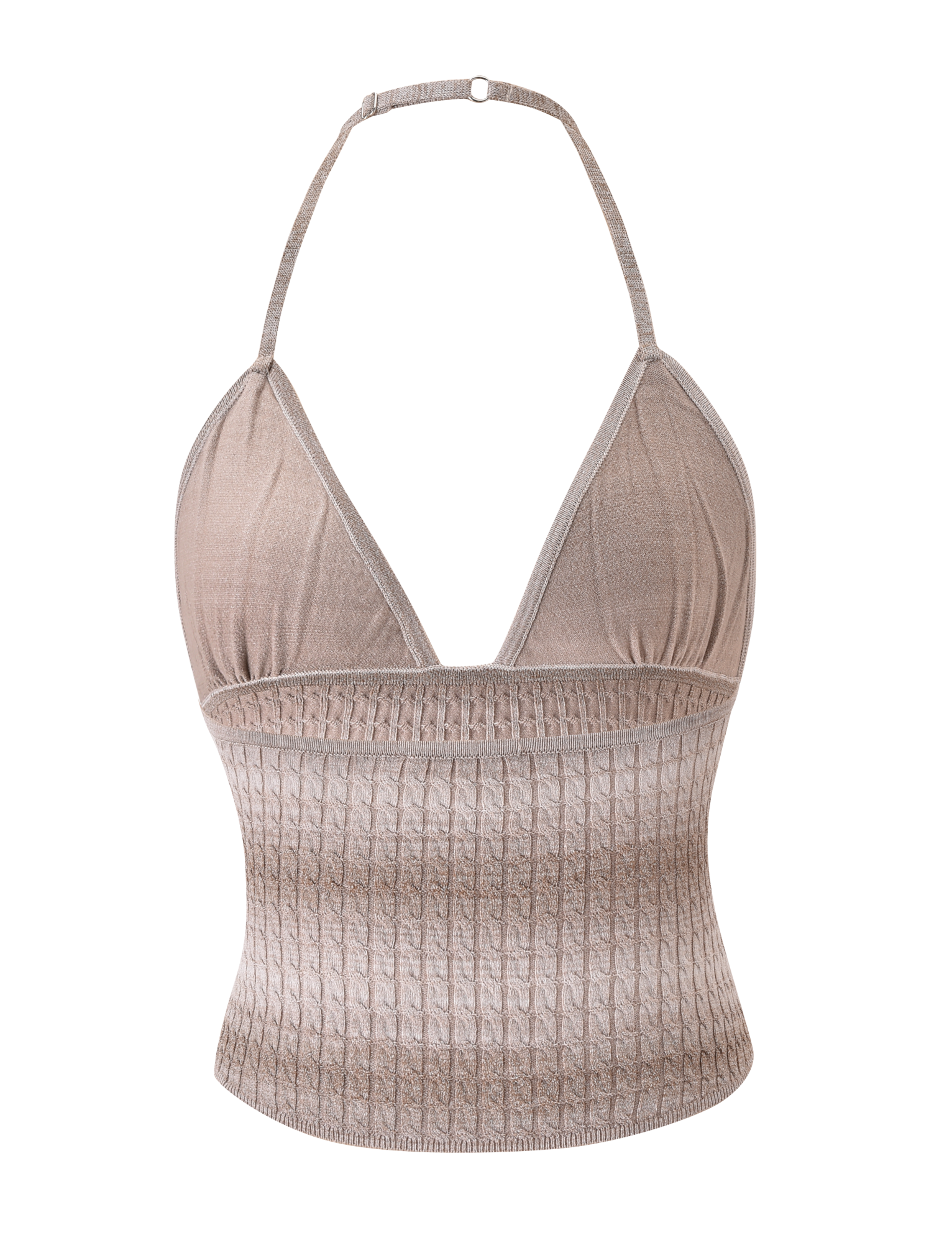The MARISSA KNIT CAMI by TIGERMIST in taupe ombre stripe features a halter neck, deep V neckline, ribbed lower half, adjustable neck strap, and specialty cable design, shown against a plain white background.