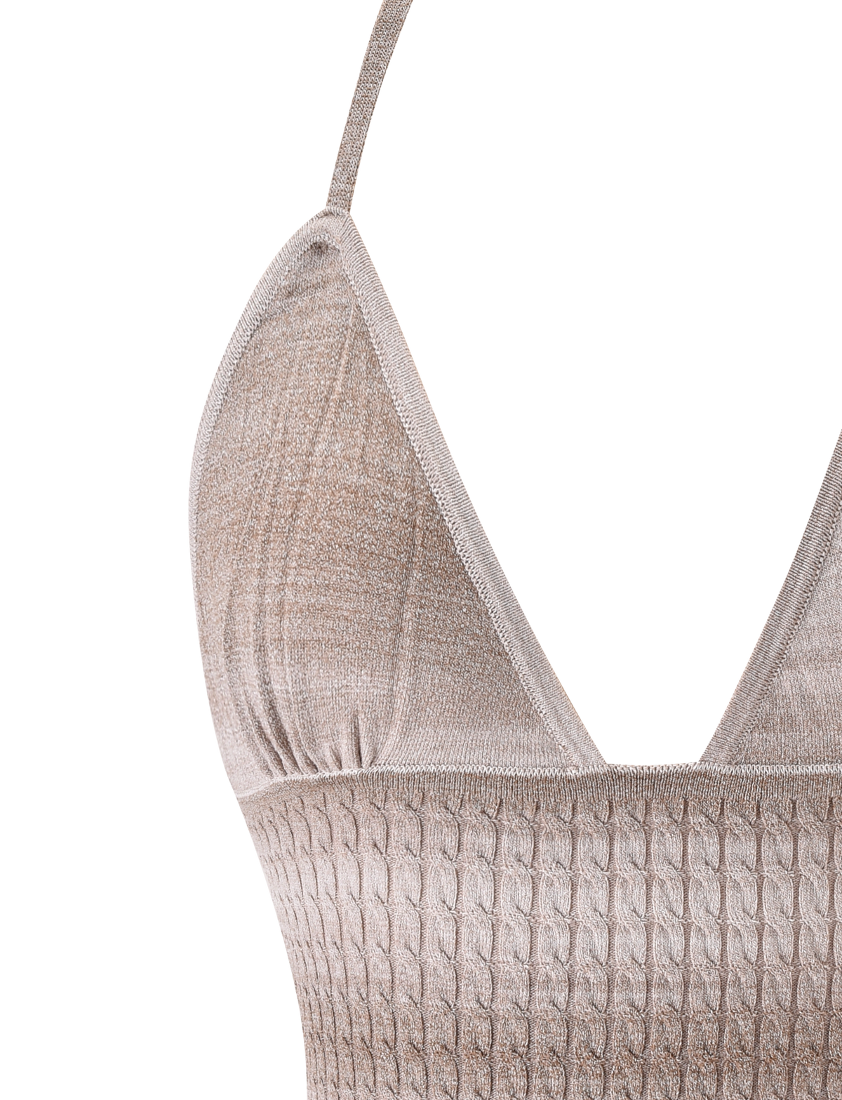 Close-up of the TIGERMIST MARISSA KNIT CAMI in taupe ombre stripe, showcasing its textured cable pattern, V-neckline, and spaghetti straps.