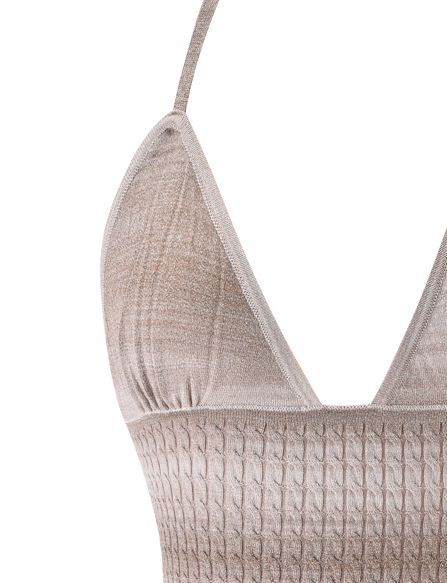 Close-up of the TIGERMIST MARISSA KNIT CAMI in taupe ombre stripe, showcasing its textured cable pattern, V-neckline, and spaghetti straps.