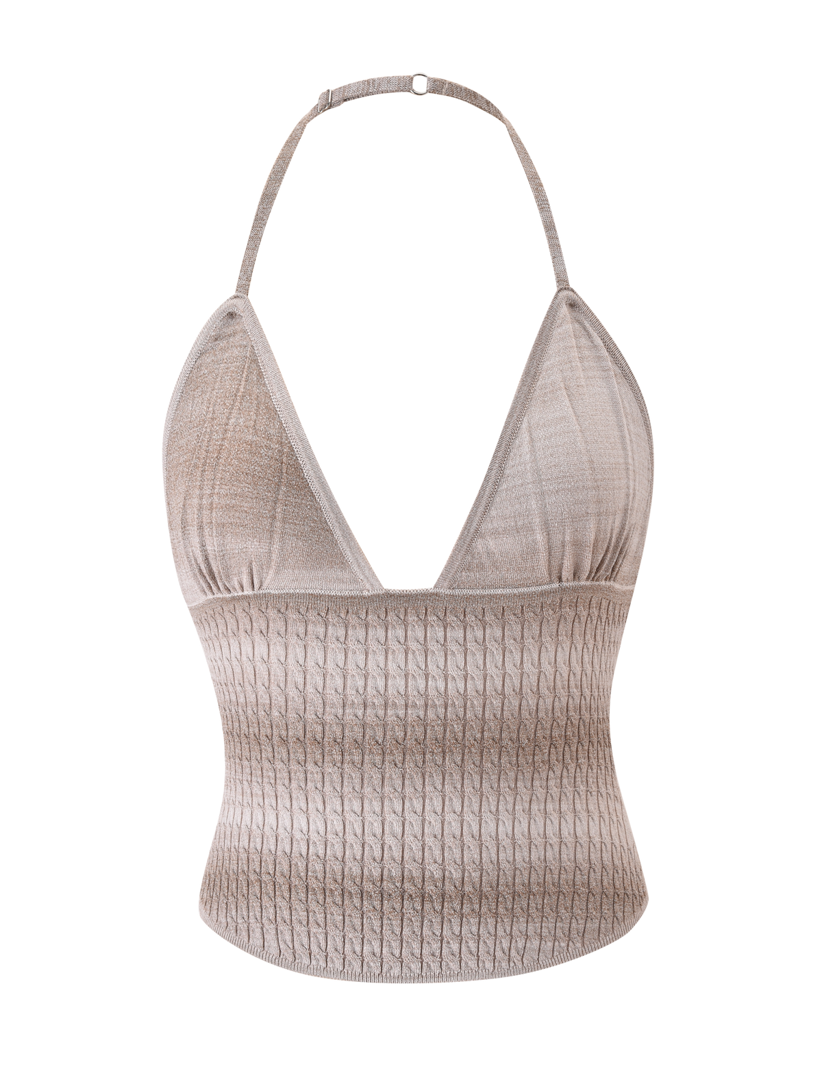 The MARISSA KNIT CAMI - TAUPE OMBRE STRIPE by TIGERMIST features a halter neck, deep V neckline, adjustable strap, and specialty cable design, shown on a plain white background.