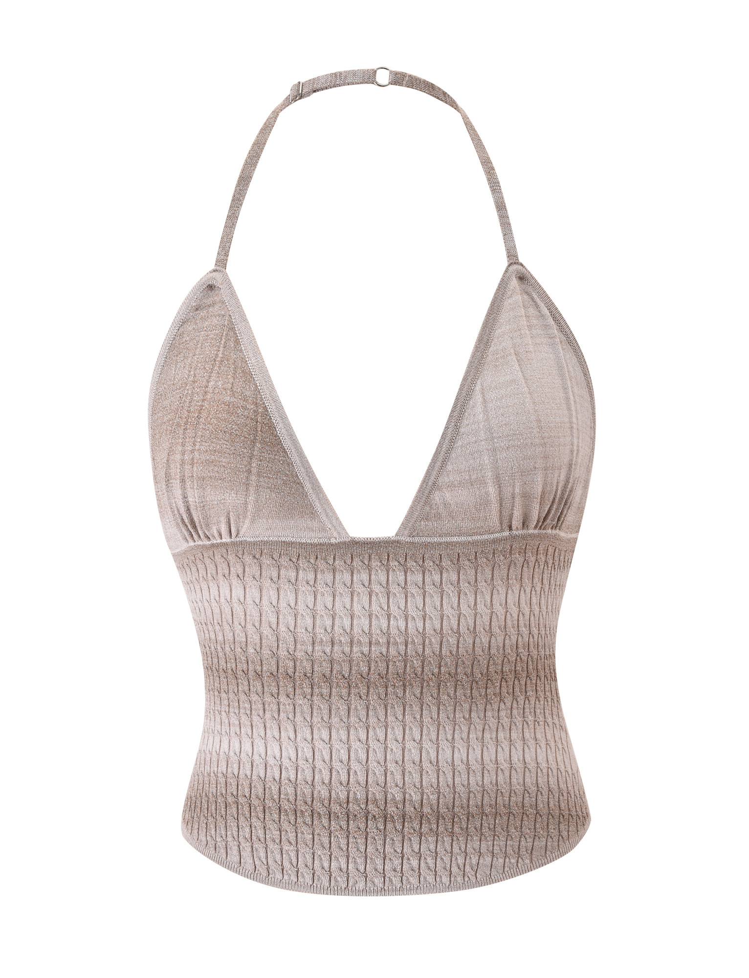 The MARISSA KNIT CAMI - TAUPE OMBRE STRIPE by TIGERMIST features a halter neck, deep V neckline, adjustable strap, and specialty cable design, shown on a plain white background.