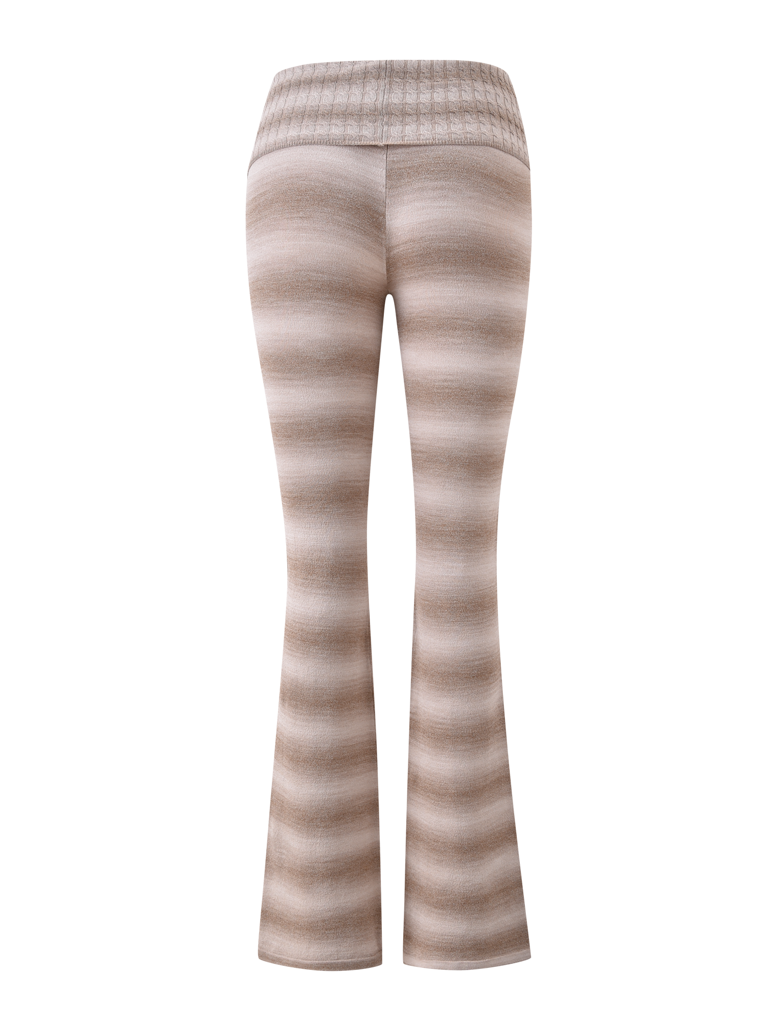 The MARISSA FOLDOVER KNIT PANT - TAUPE OMBRE STRIPE by TIGERMIST features beige and light brown stripes, a flared leg, and a wide foldover waistband, displayed from the back against a white background.