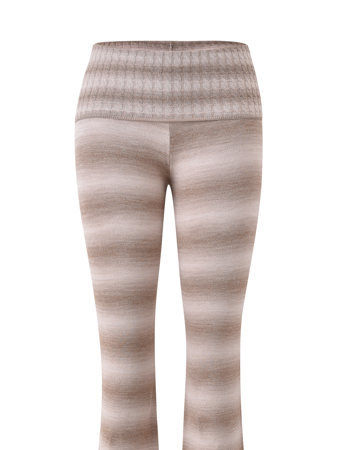 The MARISSA FOLDOVER KNIT PANT by TIGERMIST features taupe ombre stripes, a fold over waistband, seamless design, and a subtle flare leg, shown on a plain white background.