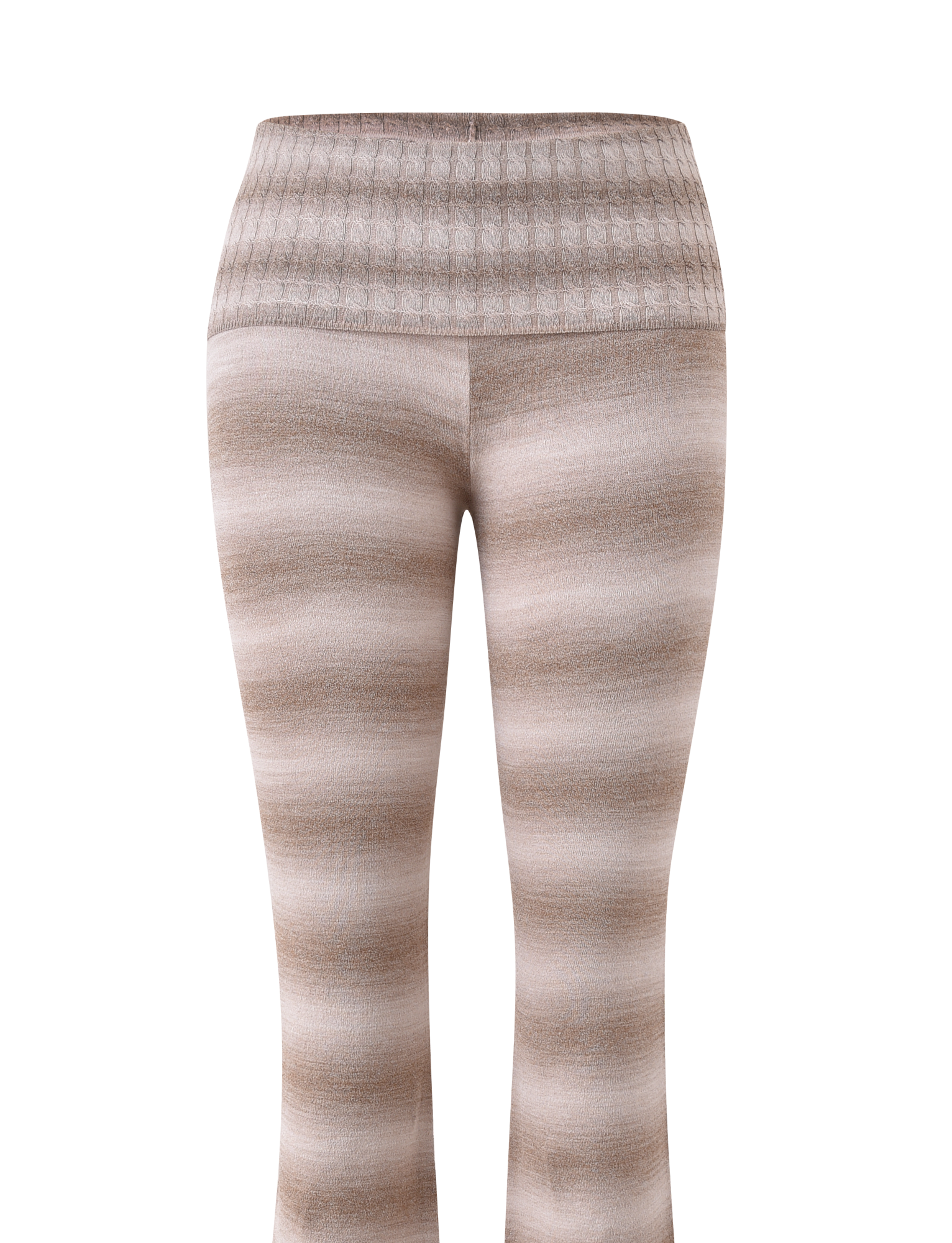 The MARISSA FOLDOVER KNIT PANT by TIGERMIST features taupe ombre stripes, a fold over waistband, seamless design, and a subtle flare leg, shown on a plain white background.