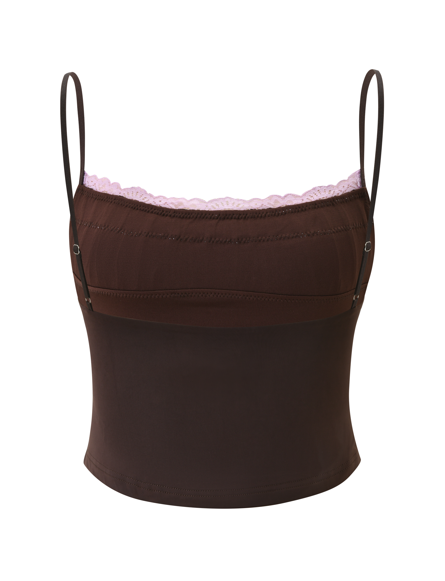 The PARISA LACE RUCHED CAMI by TIGERMIST features a brown design with adjustable straps and lilac lace trim on the neckline, shown against a white background.