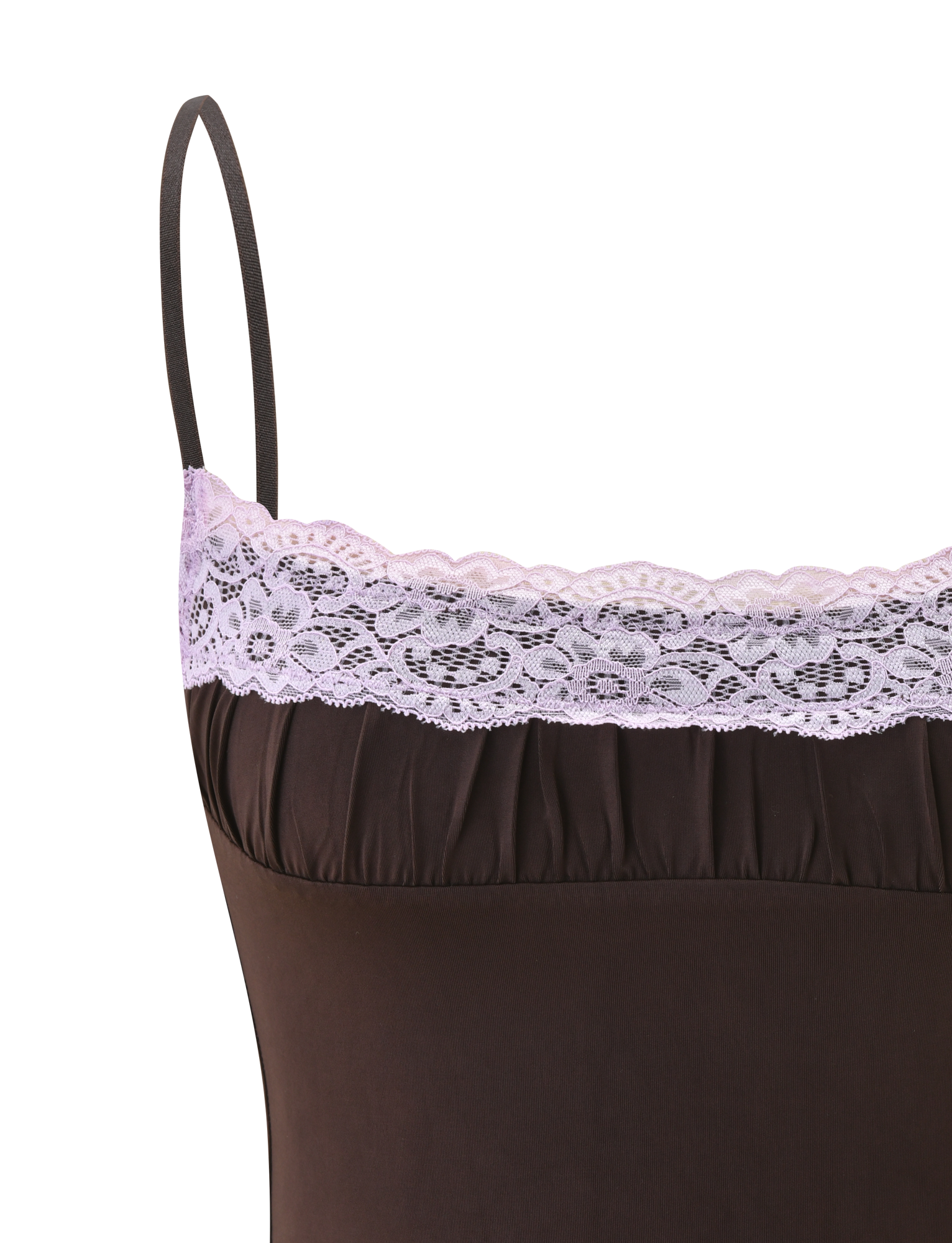 The TIGERMIST PARISA LACE RUCHED CAMI in brown and lilac features adjustable spaghetti straps and a delicate lilac lace trim along the top edge.