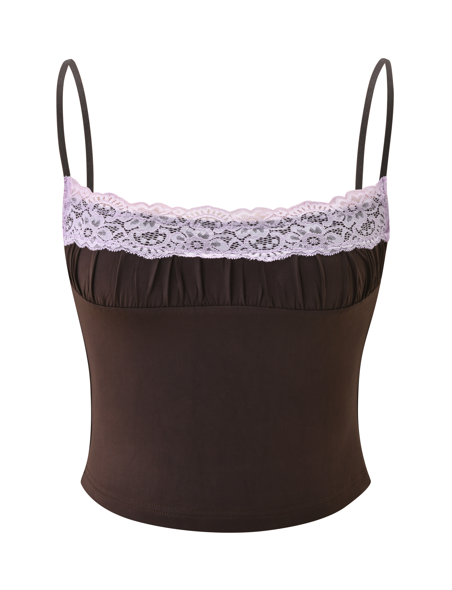 The PARISA LACE RUCHED CAMI by TIGERMIST features a brown design with adjustable spaghetti straps and lilac lace trim along the neckline, shown against a plain white background.
