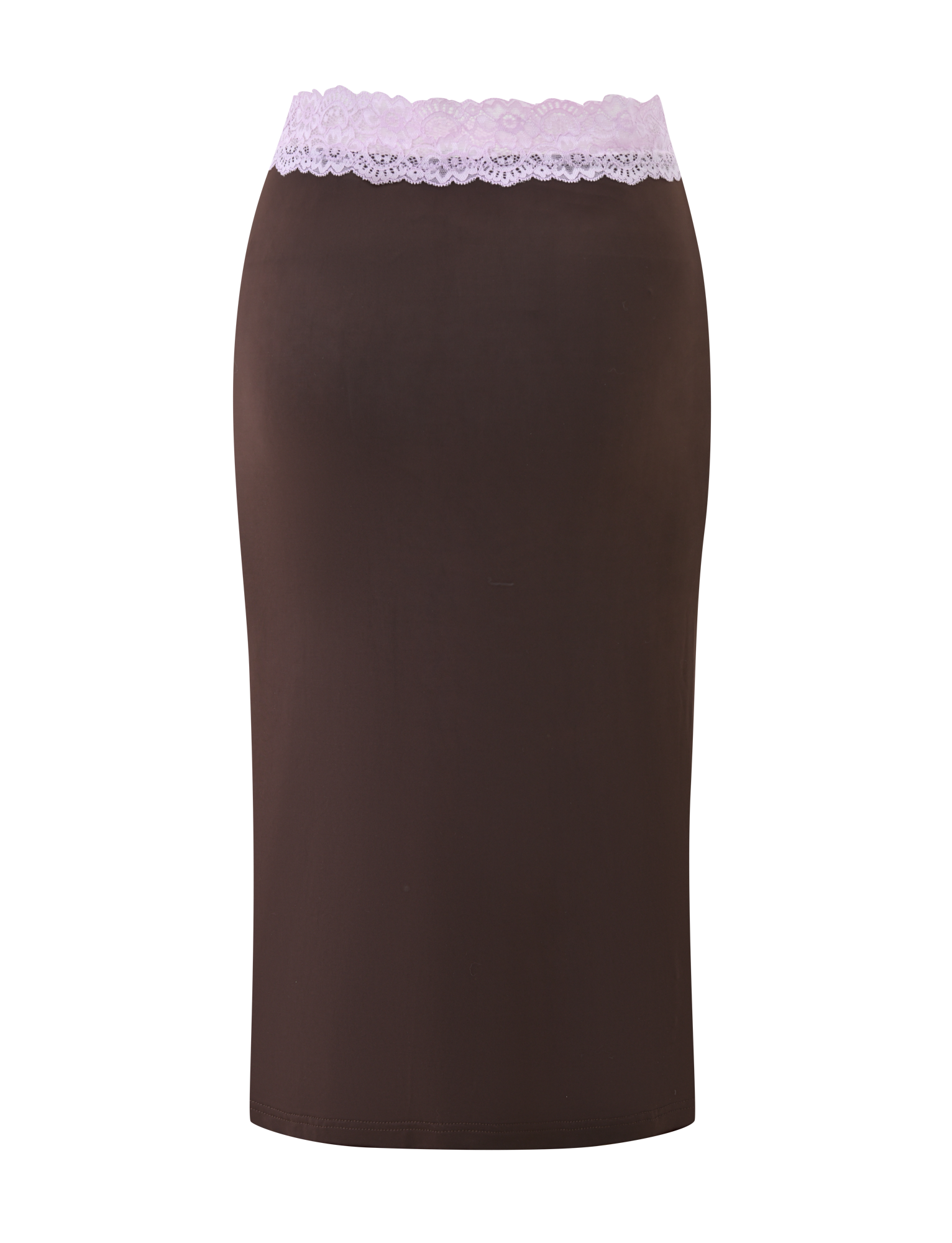 The PARISA LACE TRIM MIDI SKIRT by TIGERMIST features a brown, mid-rise design with a wide lilac lace waistband, showcased on a plain white background.