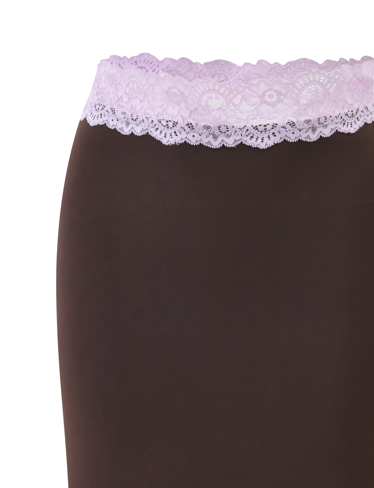 The TIGERMIST PARISA Lace Trim Midi Skirt in brown features a wide pale lilac lace trim at the mid-rise waist, shown in close-up against a plain white background.