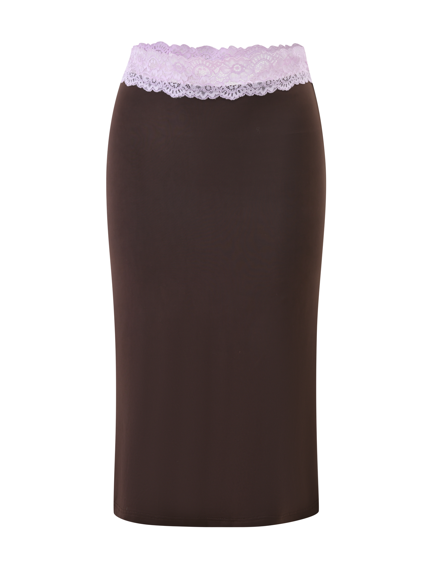 The PARISA LACE TRIM MIDI SKIRT by TIGERMIST features a brown design with a wide lilac lace trim at the mid-rise waist, shown against a plain white background.
