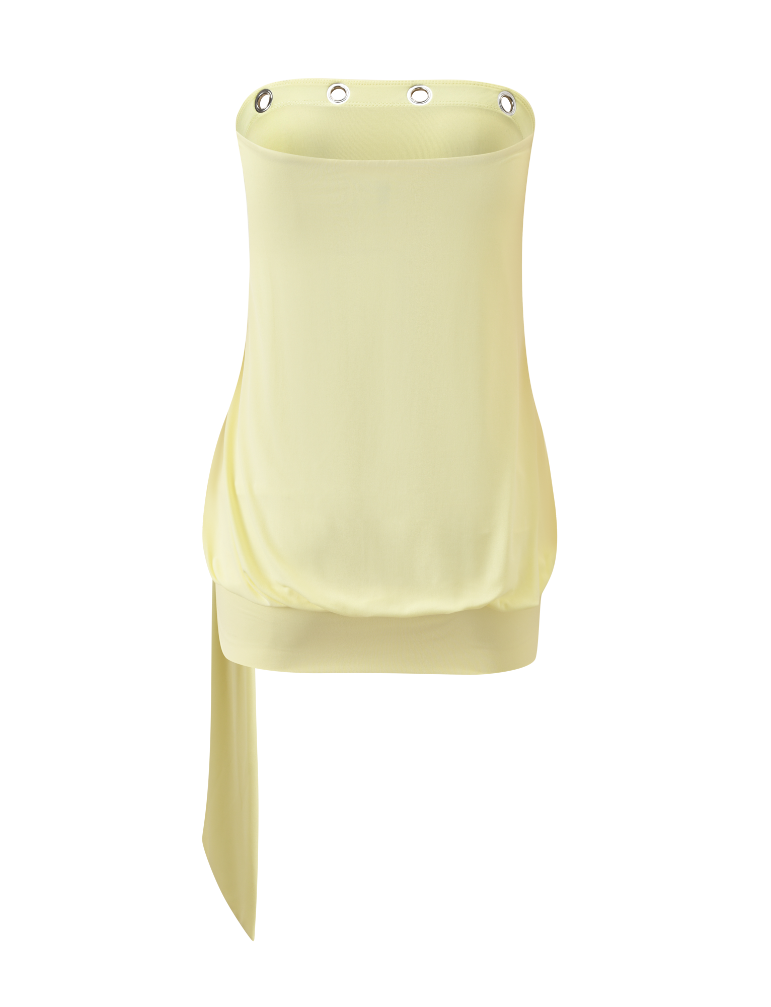The RAVENNA MINI DRESS in butter yellow by TIGERMIST features a strapless cut, fitted waist band, metal grommet accents on the top edge, and an asymmetrical draped side panel for a chic, modern style.