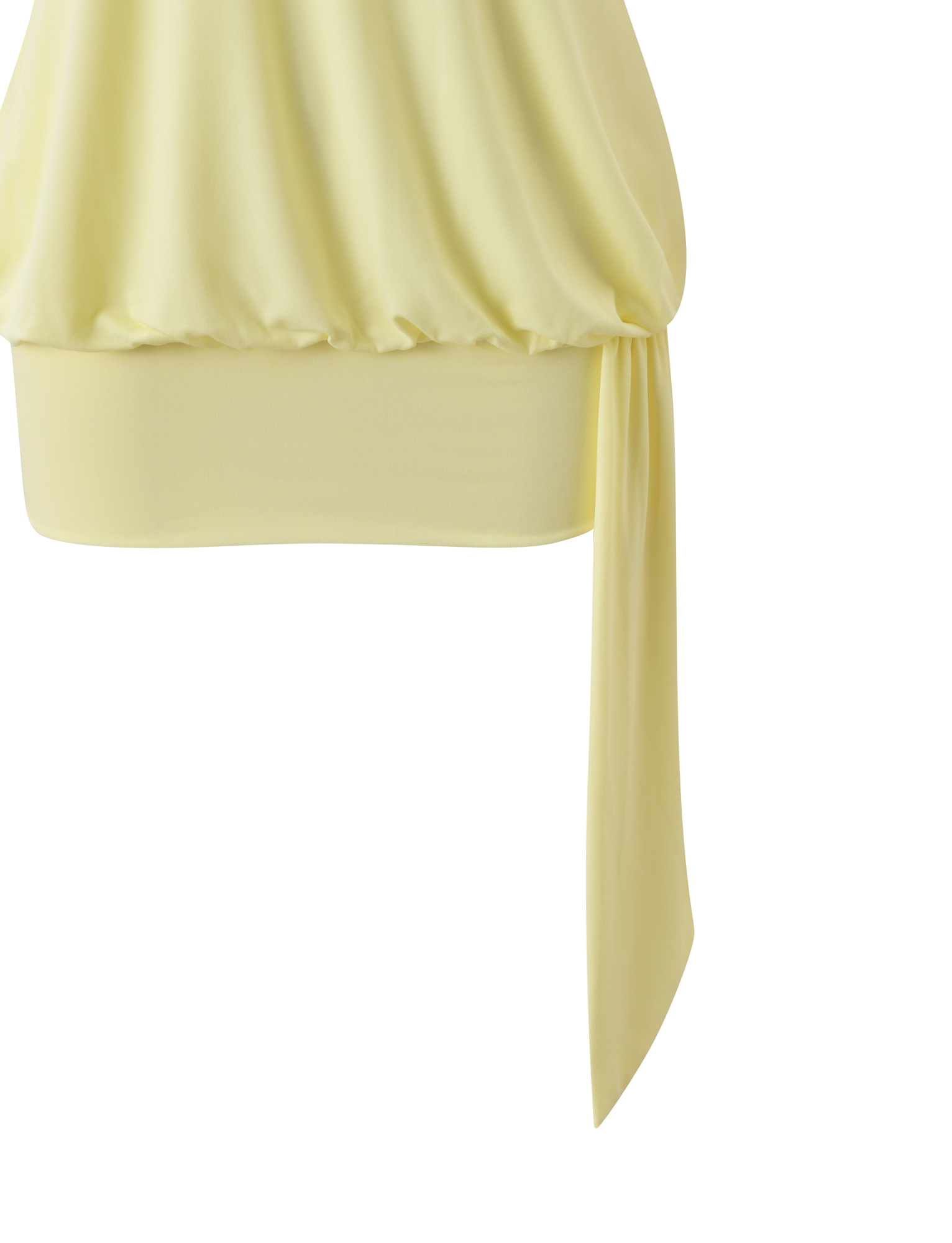 A close-up of the TIGERMIST RAVENNA MINI DRESS in butter yellow, featuring a loose bodycon drop waist and a long draped side tie, set against a plain white background.