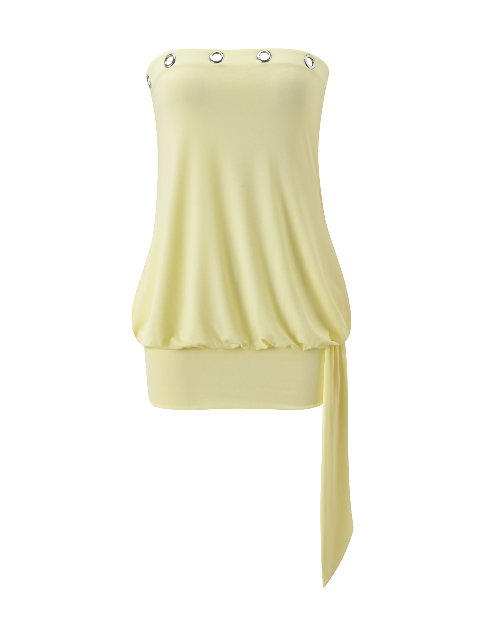 The RAVENNA MINI DRESS by TIGERMIST in butter yellow features a strapless neckline with silver grommets, an asymmetrical draped sash, and softly gathered hem for a stylish, flattering look.