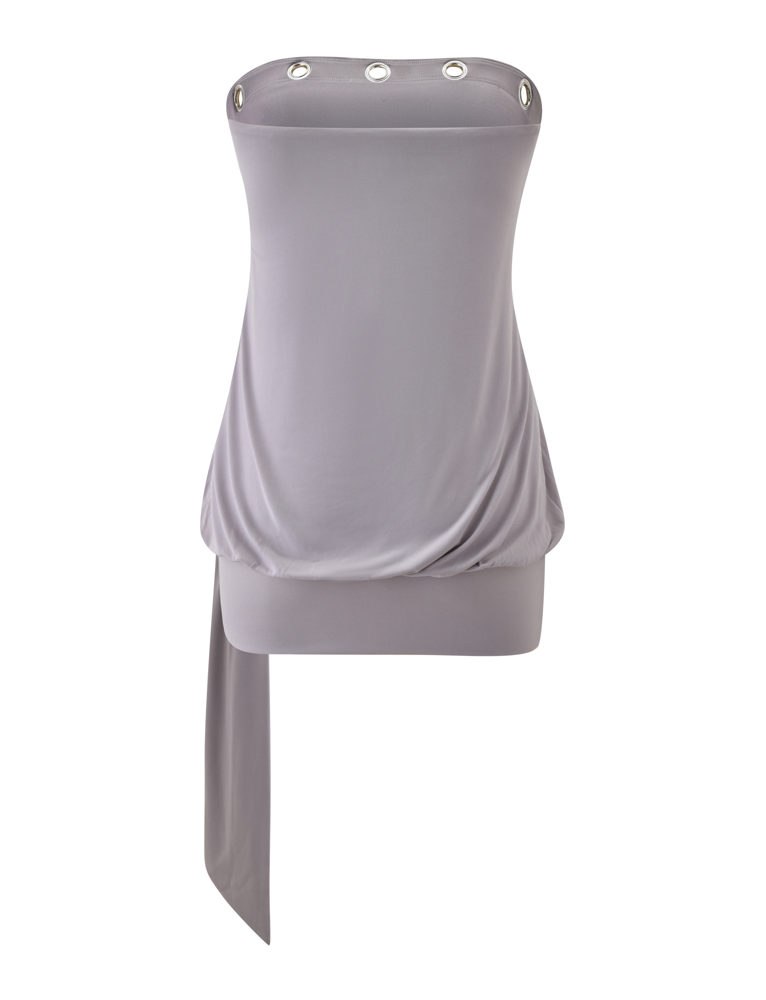 The TIGERMIST RAVENNA MINI DRESS in Cool Slate is a strapless, light lavender dress with a draped design, silver grommet details at the neckline, and an asymmetrical hanging fabric piece—perfect for layering or wearing solo.
