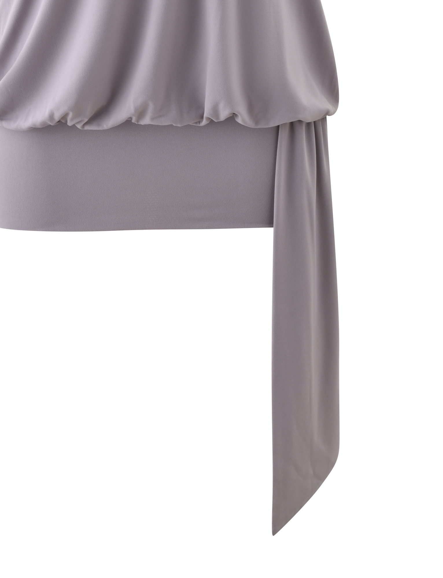 Close-up of the TIGERMIST RAVENNA MINI DRESS in Cool Slate, showcasing draped fabric with a gathered elastic hem and a long sash detail against a white background.