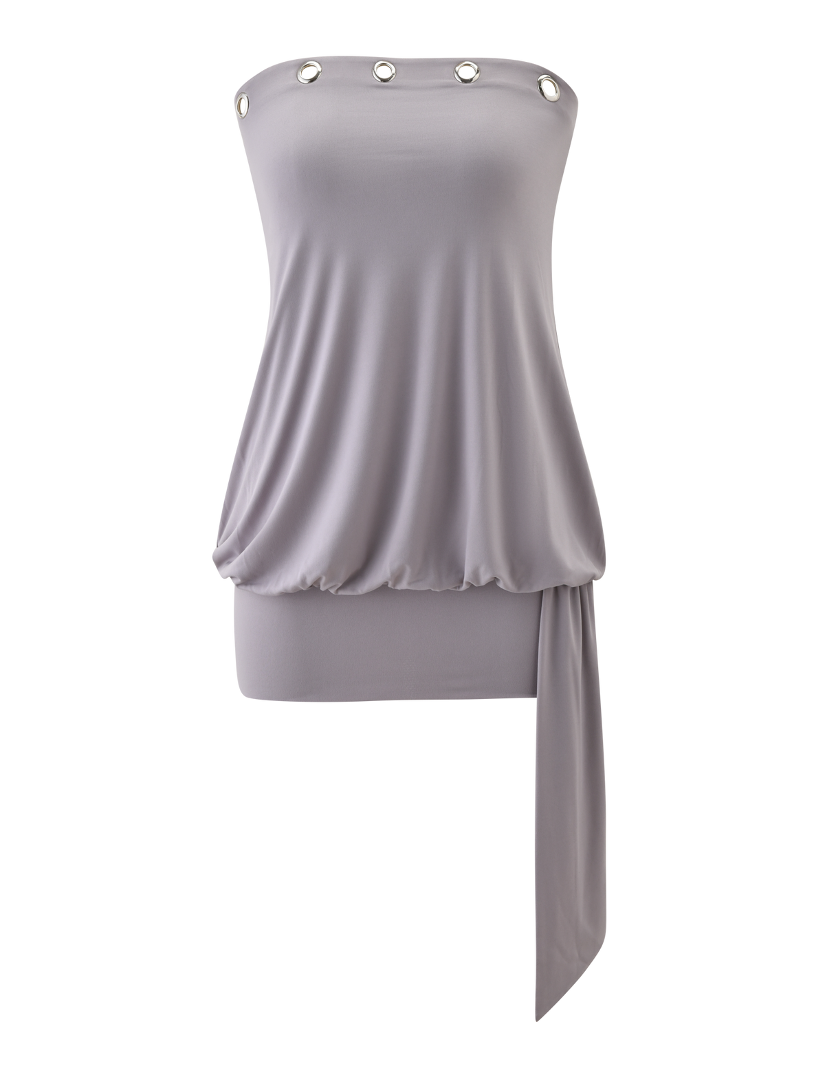 The strapless lavender top with silver accents and an asymmetrical drape layers stylishly over the TIGERMIST RAVENNA MINI DRESS in Cool Slate for a chic, modern look.
