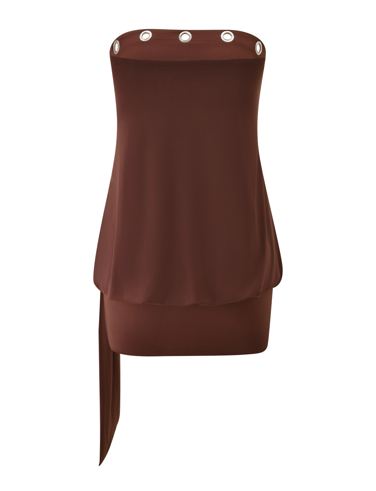 The TIGERMIST RAVENNA DRESS in Milk Chocolate is a strapless mini with silver grommet details and an asymmetrical draped panel—ideal for a chic, bodycon drop-waist style.
