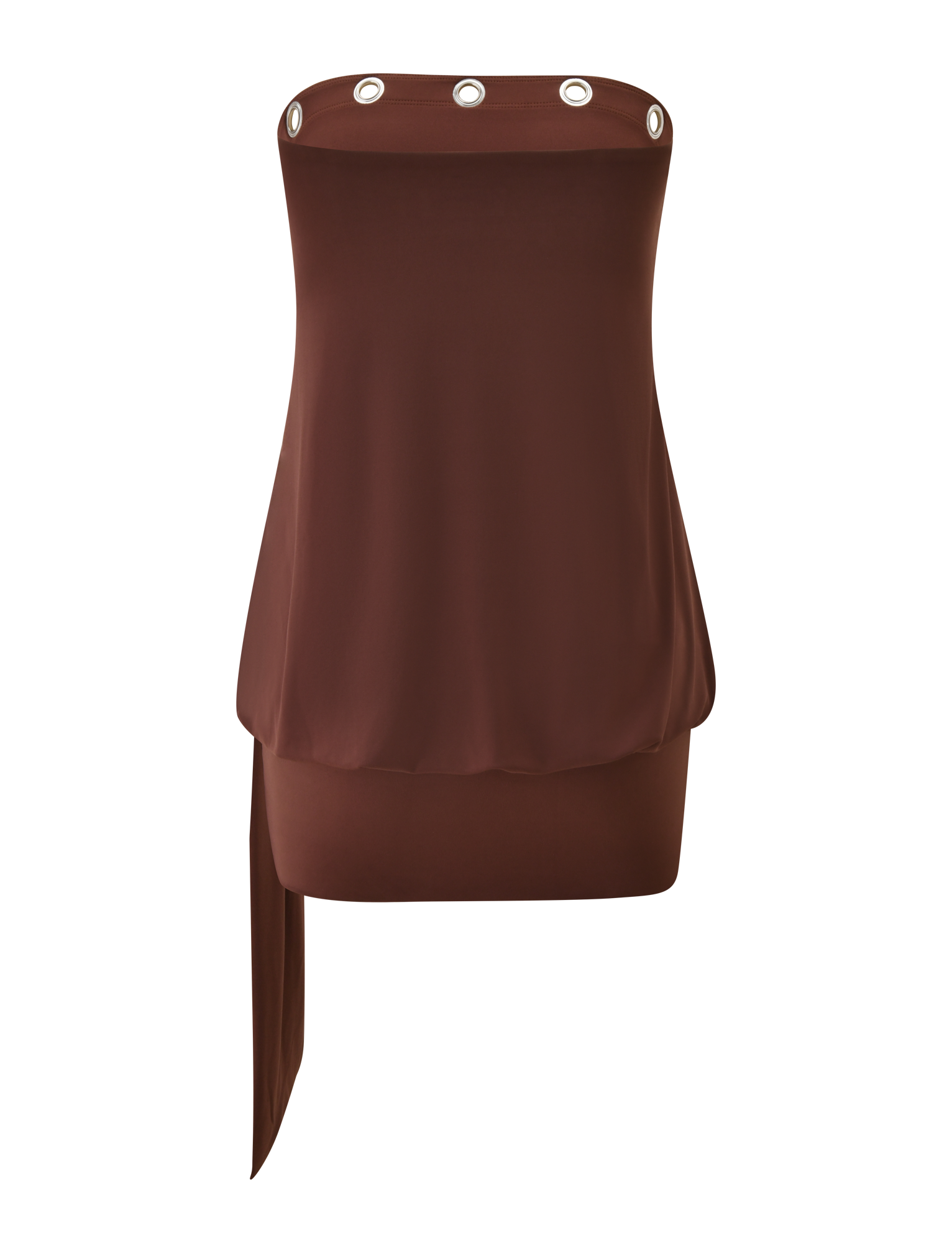 The TIGERMIST RAVENNA DRESS in Milk Chocolate is a strapless mini with silver grommet details and an asymmetrical draped panel—ideal for a chic, bodycon drop-waist style.