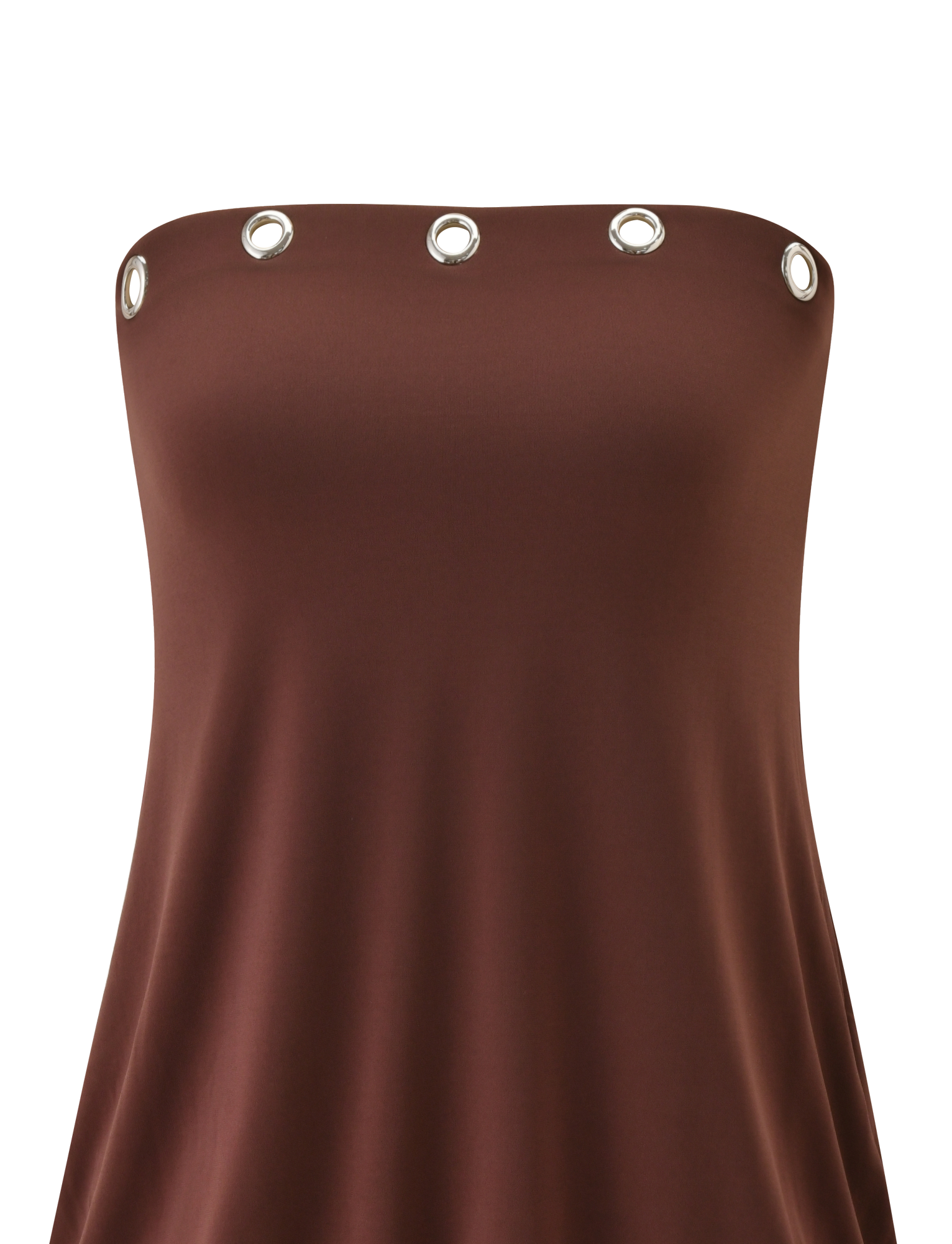 The TIGERMIST RAVENNA DRESS in Milk Chocolate is a strapless, bodycon mini dress with a smooth finish and large silver grommet accents along the straight neckline.