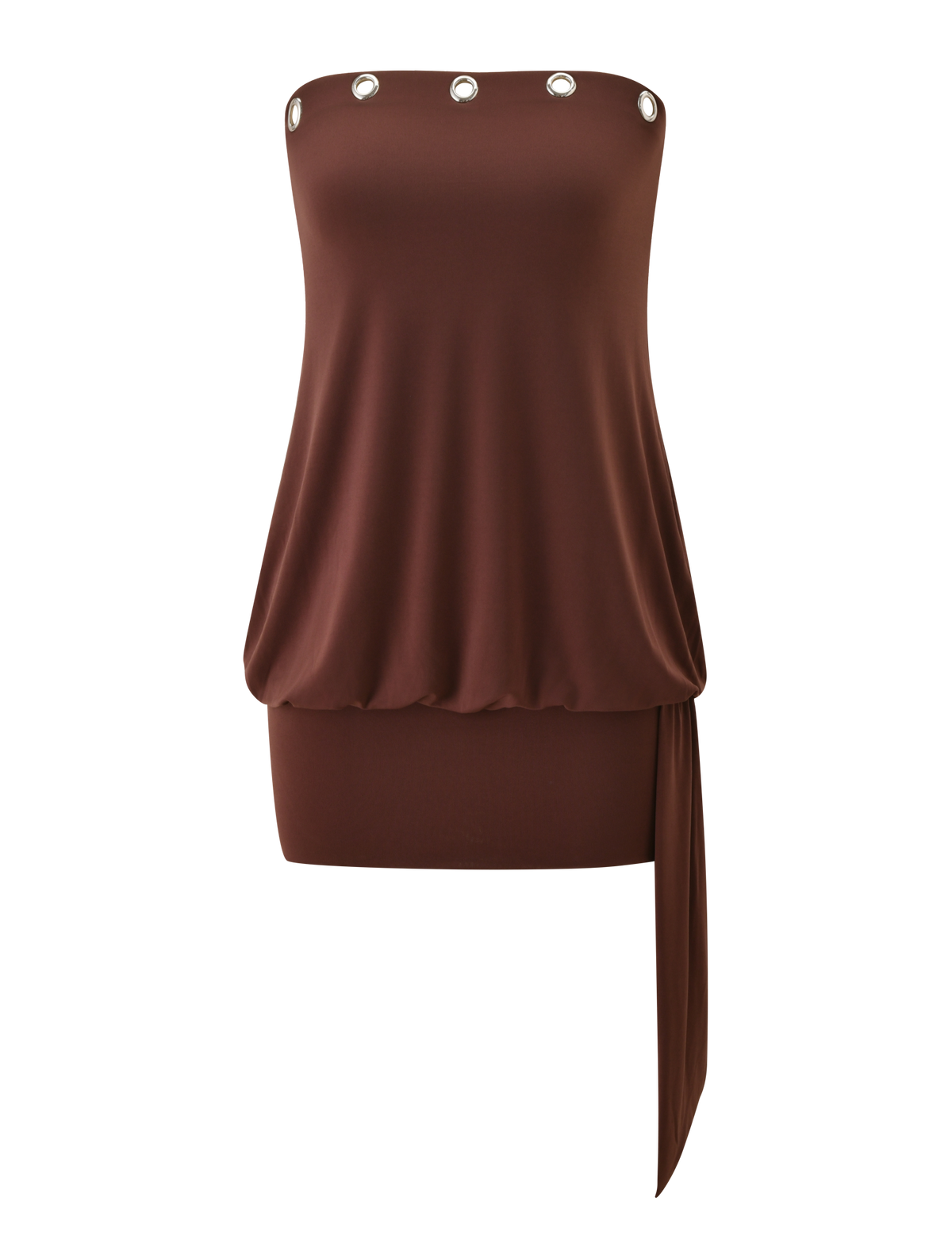 The RAVENNA DRESS - MILK CHOCOLATE by TIGERMIST is a strapless, chocolate brown mini dress featuring silver grommet details, an asymmetrical draped side panel, and a sleek bodycon drop waist silhouette.