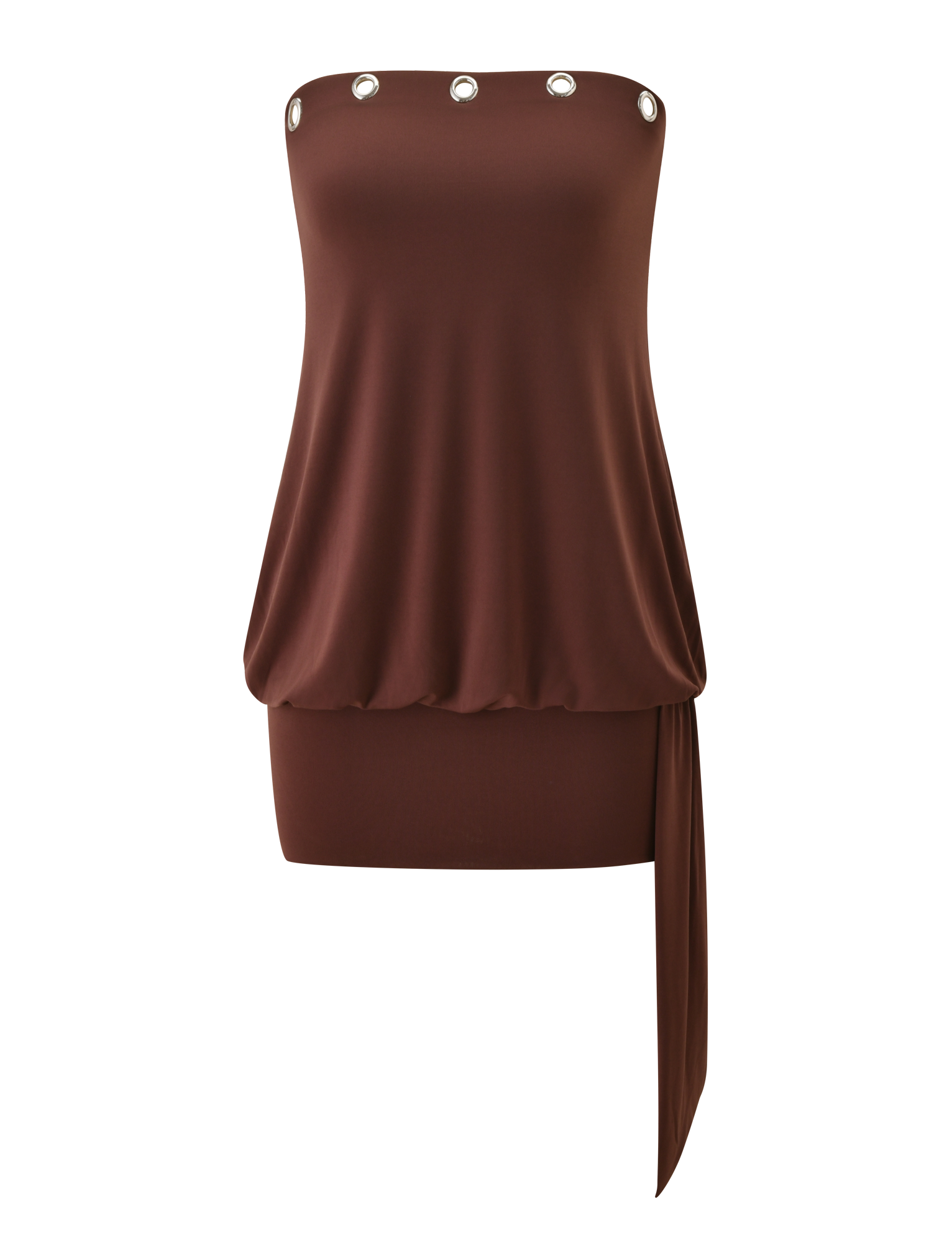 The RAVENNA DRESS - MILK CHOCOLATE by TIGERMIST is a strapless, chocolate brown mini dress featuring silver grommet details, an asymmetrical draped side panel, and a sleek bodycon drop waist silhouette.