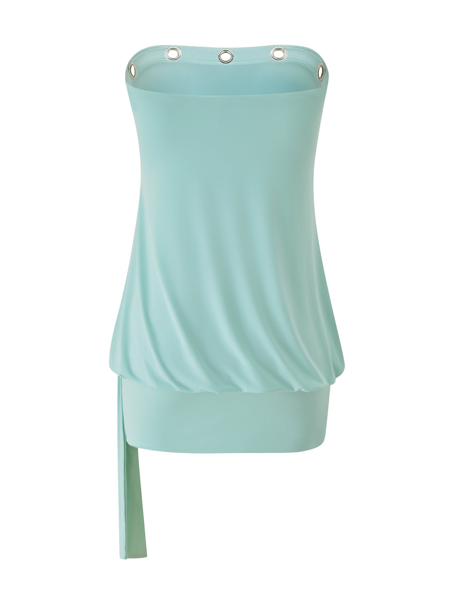 RAVENNA MINI DRESS - MINT by TIGERMIST is a strapless mint mini dress featuring grommet details along the neckline and an asymmetrical draped hem, shown against a white background—evoking a chic blouson silhouette perfect for statement-making style.