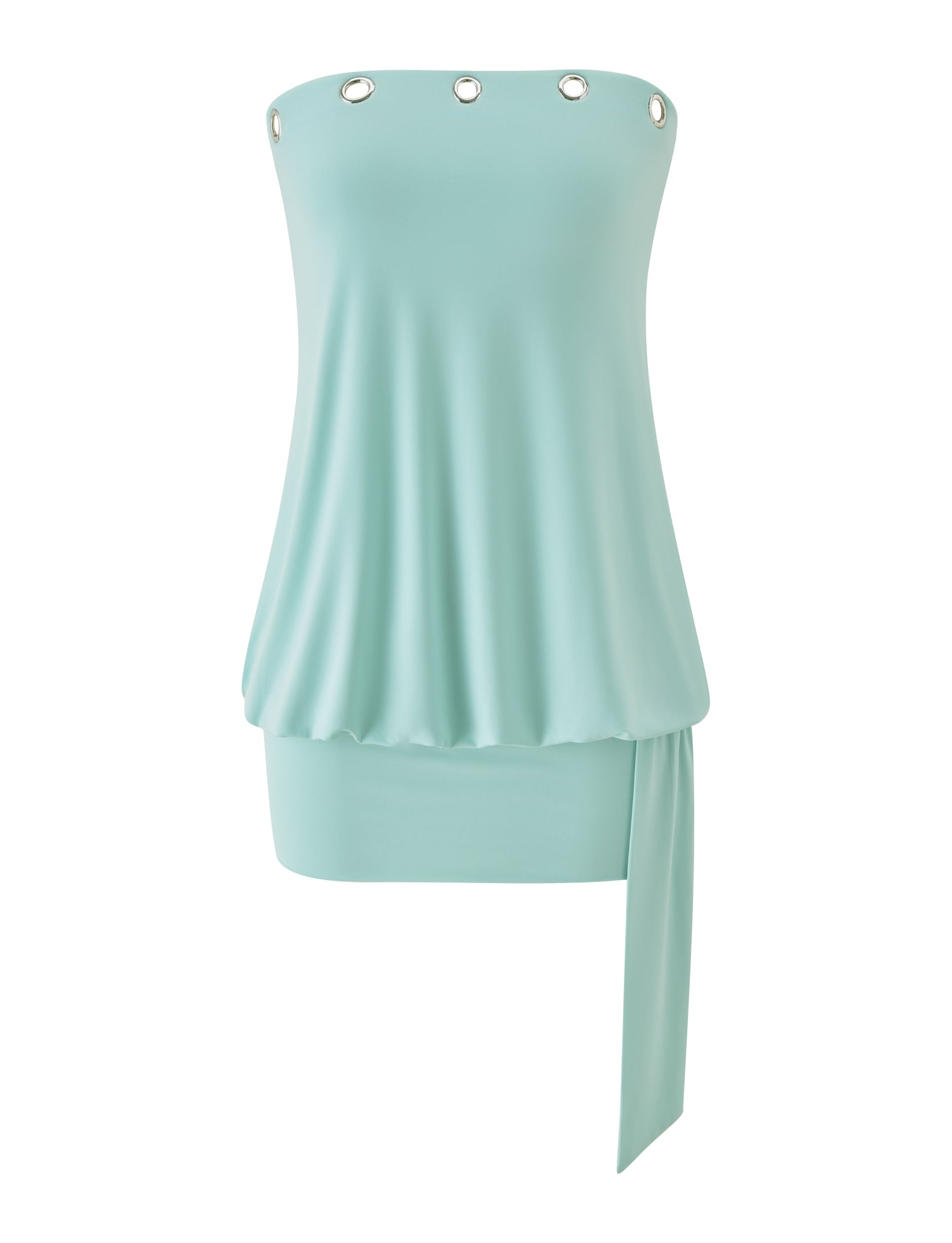 The TIGERMIST RAVENNA MINI DRESS in mint features a strapless design with silver grommet details along the neckline and a draped side sash, finished in a blouson silhouette for a chic, effortlessly stylish look.