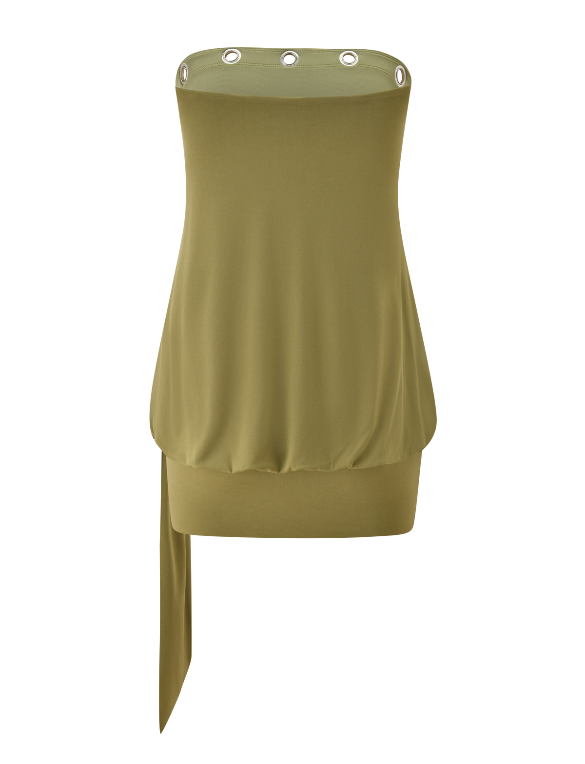 The TIGERMIST RAVENNA DRESS in olive features a strapless design with silver eyelets at the neckline, a loose blouson fit, asymmetric draped detail at one hem side, and a smooth, unadorned back.