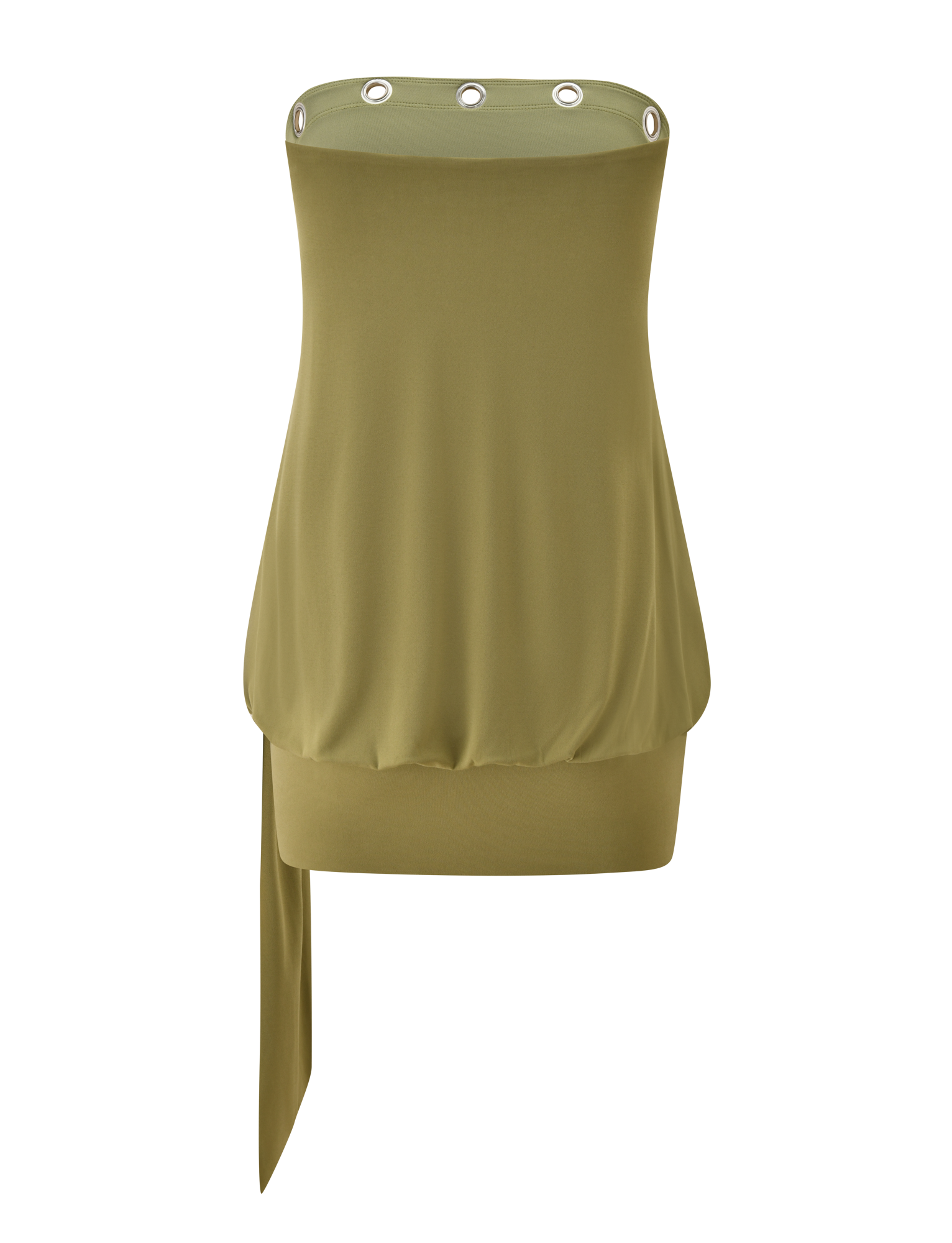 The TIGERMIST RAVENNA DRESS in olive features a strapless design with silver eyelets at the neckline, a loose blouson fit, asymmetric draped detail at one hem side, and a smooth, unadorned back.