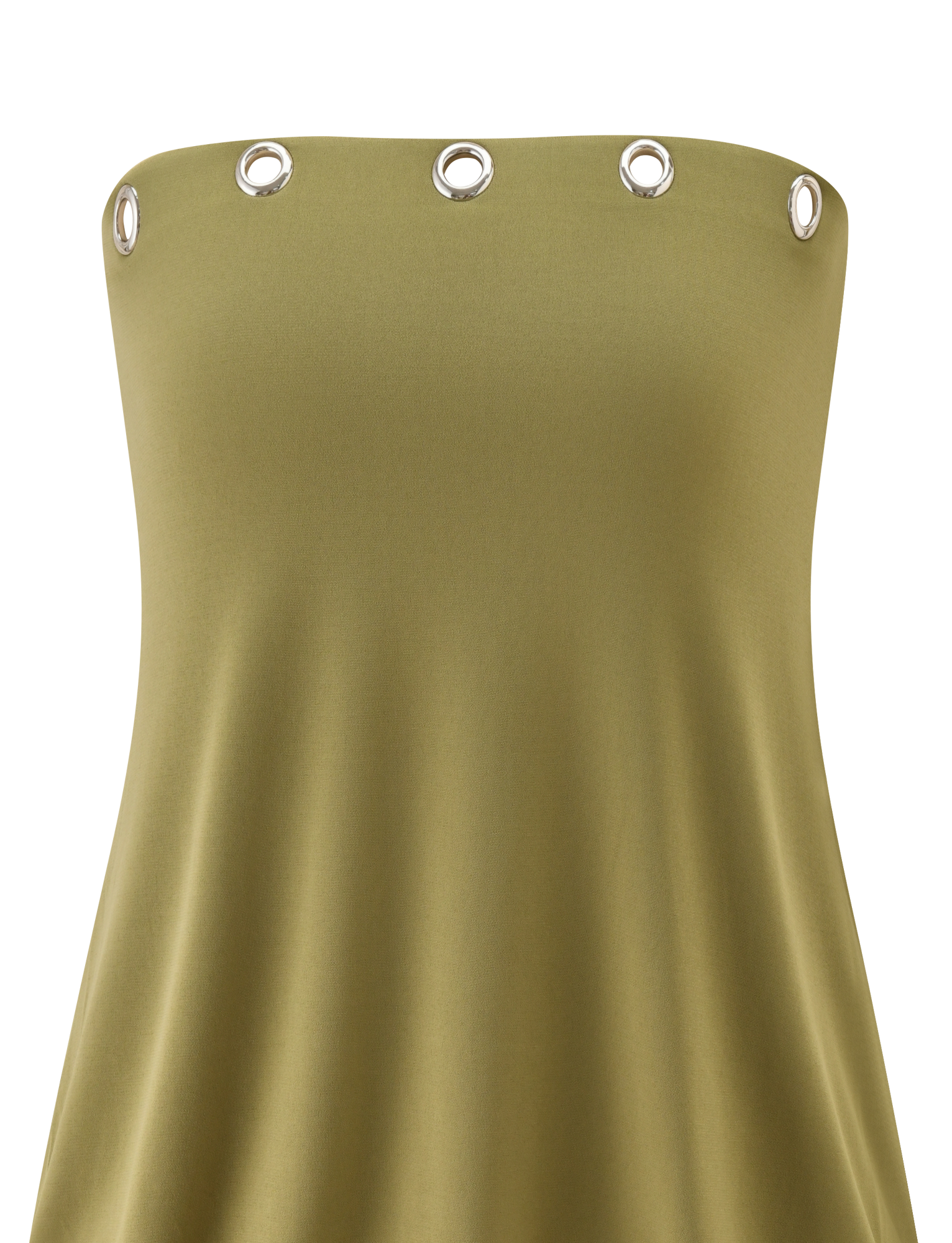The RAVENNA DRESS - OLIVE by TIGERMIST is a strapless, olive-green dress with a blouson silhouette and silver grommet accents on the straight neckline.