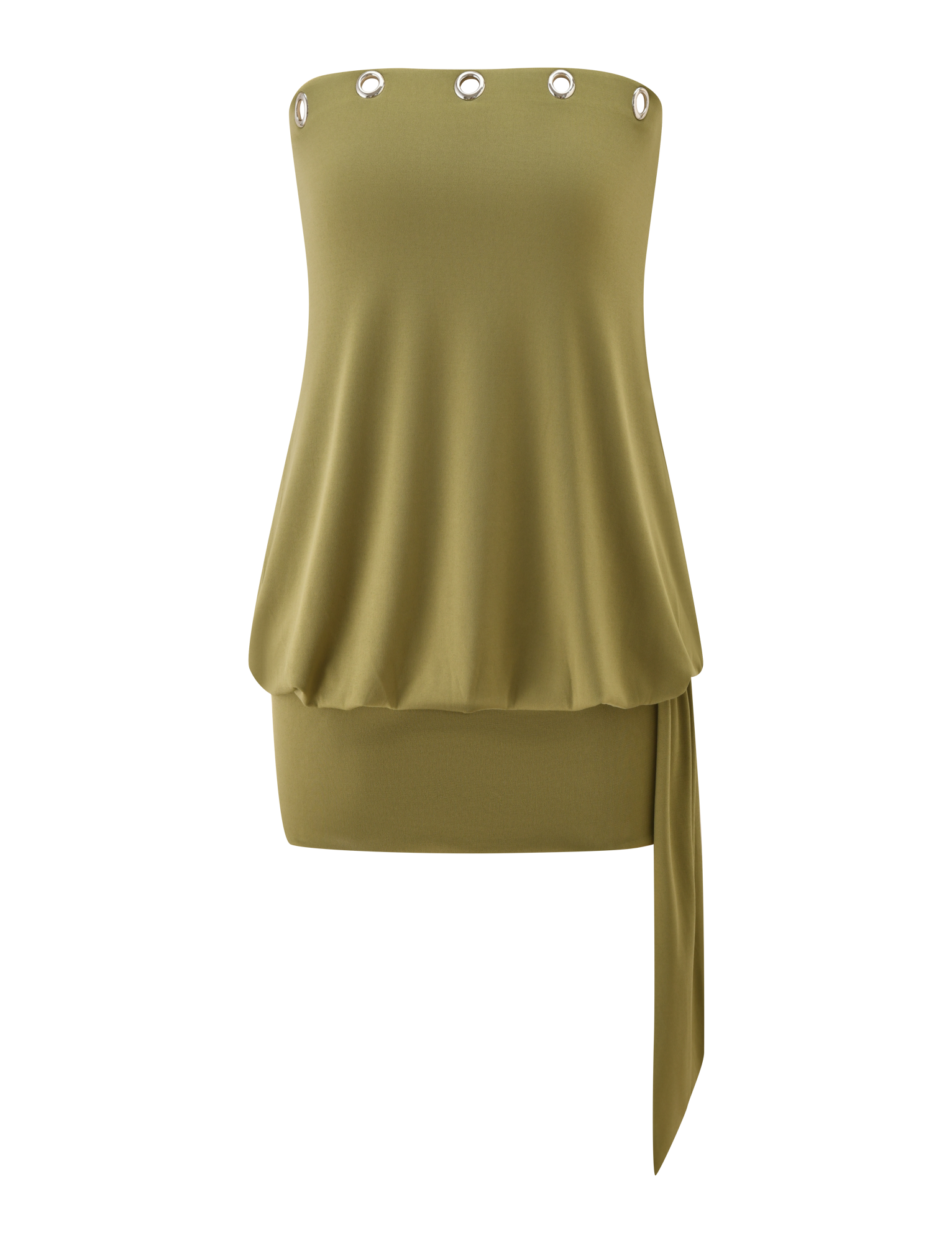The TIGERMIST RAVENNA DRESS - OLIVE is a strapless mini dress with a blouson silhouette, silver grommets at the neckline, and an asymmetrical draped overlay on one side.