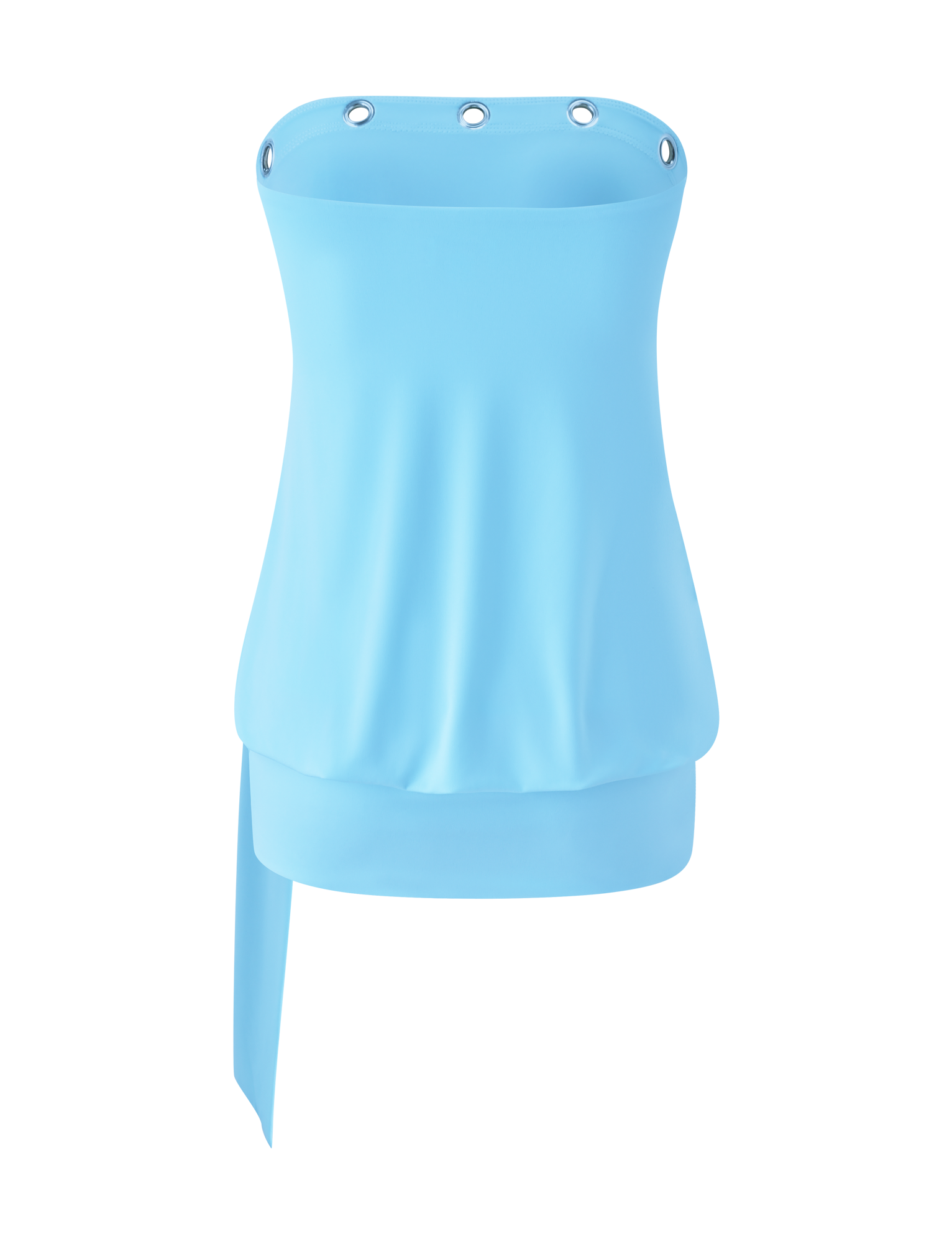 The TIGERMIST RAVENNA MINI DRESS in sky blue is a strapless design accented with silver grommets at the neckline, an asymmetrical sash on one side, and a bold silver eyelet trim.