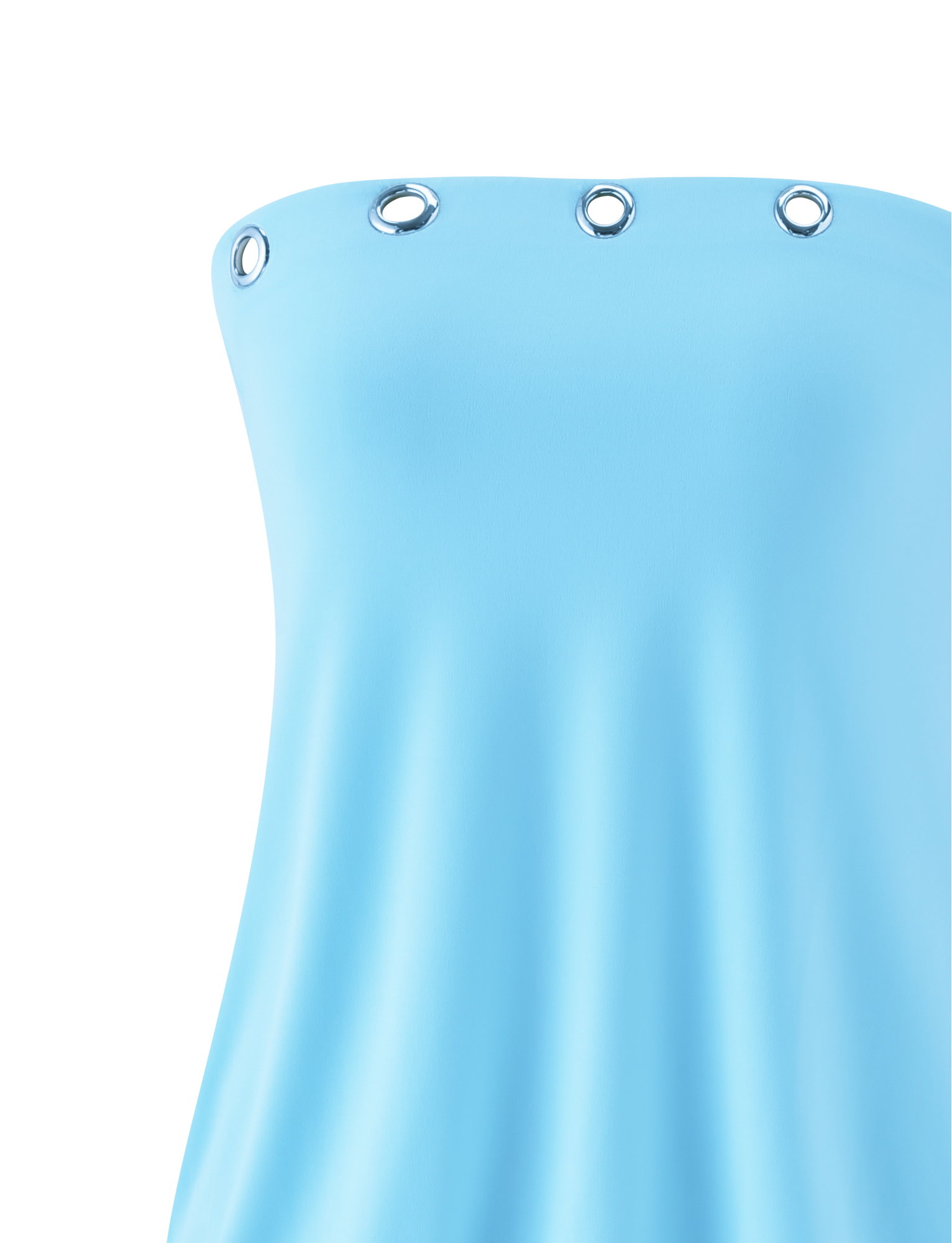 The RAVENNA MINI DRESS by TIGERMIST in sky blue is a strapless, bodycon mini dress with a drop waist, smooth draped fabric, and large silver eyelet trim accenting the straight neckline.